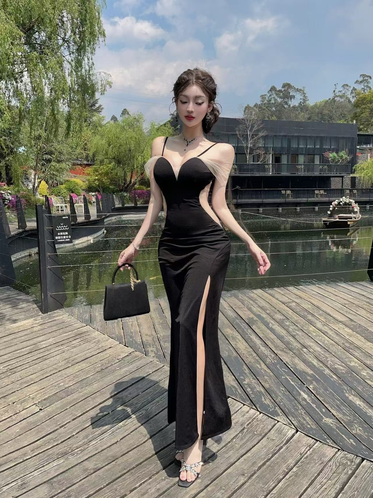 실사 낮은 네크라인 슬립 예복 치마 날다 소매 측면 홀로우 아웃 트임 신축성 몸매 가꾸기 인어 꼬리 길다 치마 상세 이미지 2