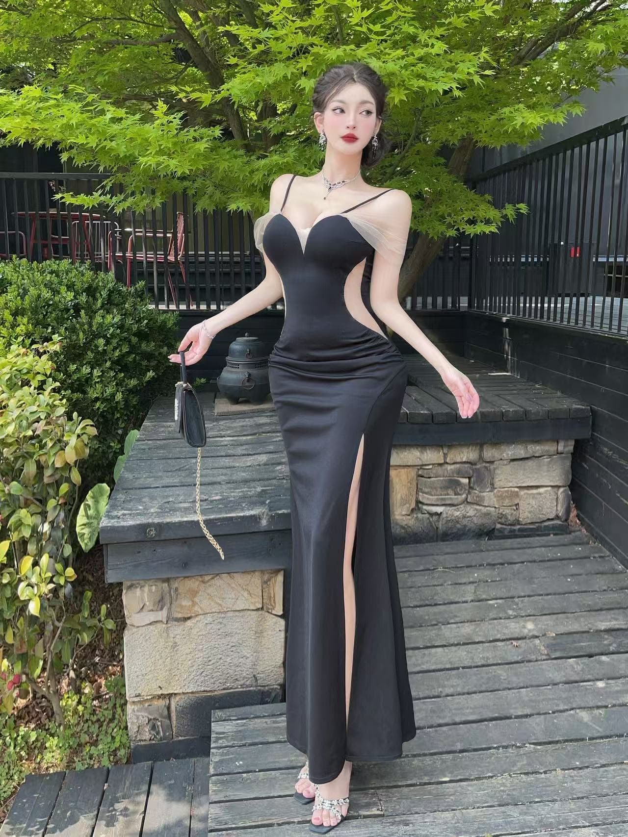 실사 낮은 네크라인 슬립 예복 치마 날다 소매 측면 홀로우 아웃 트임 신축성 몸매 가꾸기 인어 꼬리 길다 치마 상세 이미지 3