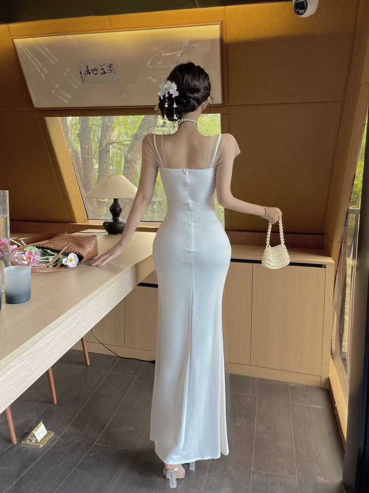 실사 낮은 네크라인 슬립 예복 치마 날다 소매 측면 홀로우 아웃 트임 신축성 몸매 가꾸기 인어 꼬리 길다 치마 상세 이미지 12