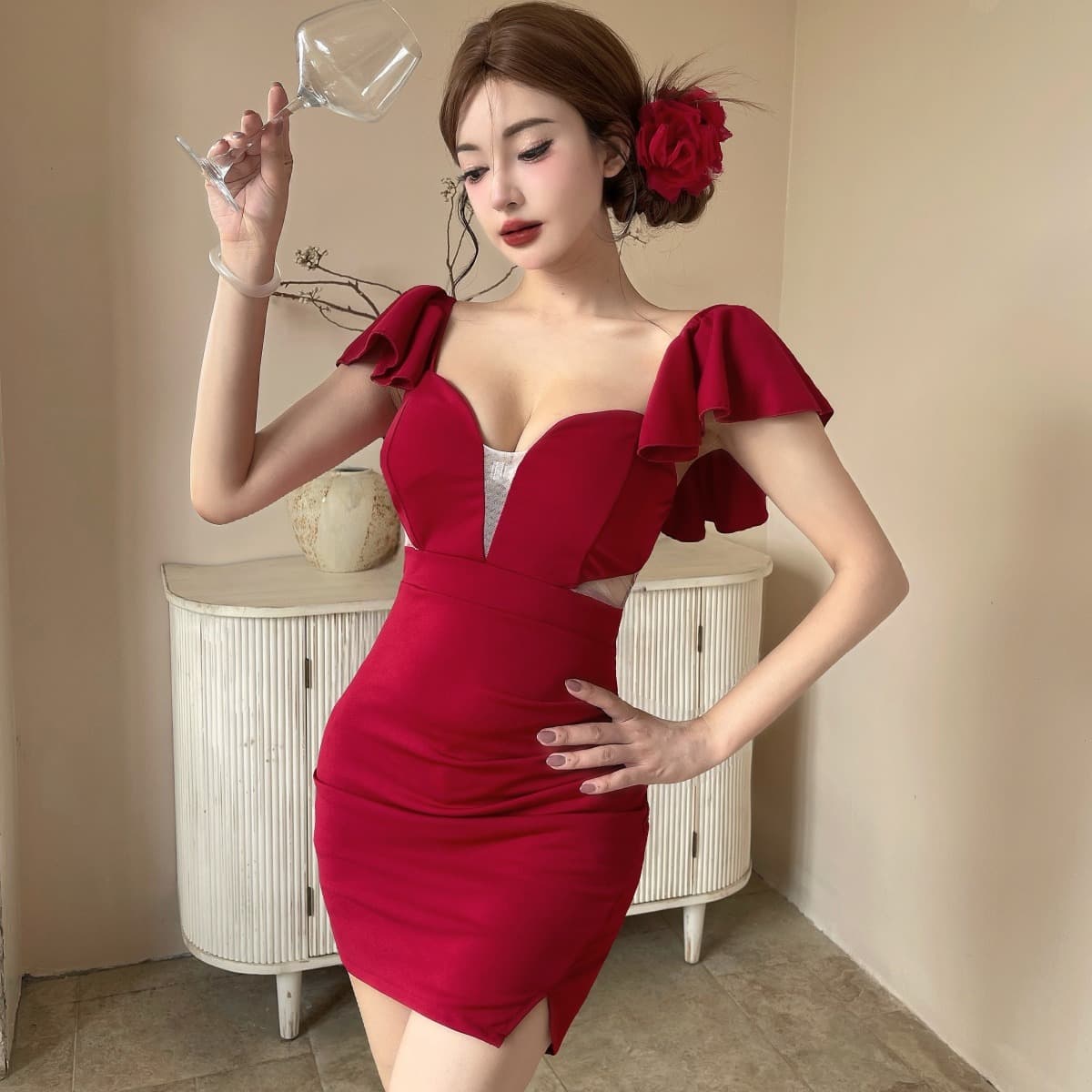 실사 섹시함 낮은 가슴 망사 패치워크 쇼트 스타일 타이트 스커트 타이트 드레스 이미지 5