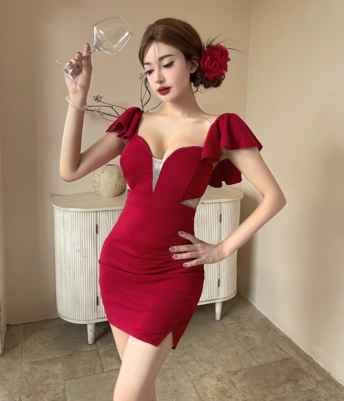 실사 섹시함 낮은 가슴 망사 패치워크 쇼트 스타일 타이트 스커트 타이트 드레스 상세 이미지 2