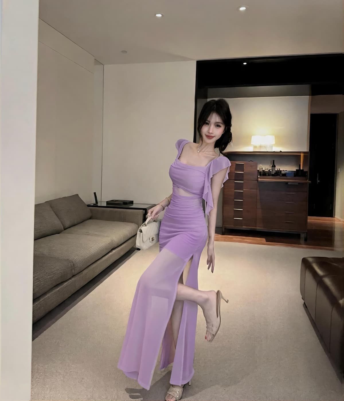 실사 프랑스식 섹시함 망사 패치워크 숄더백 롱 스커트 품격 타이트 슬림해 보이는 슬립 인어 꼬리 드레스 상세 이미지 3