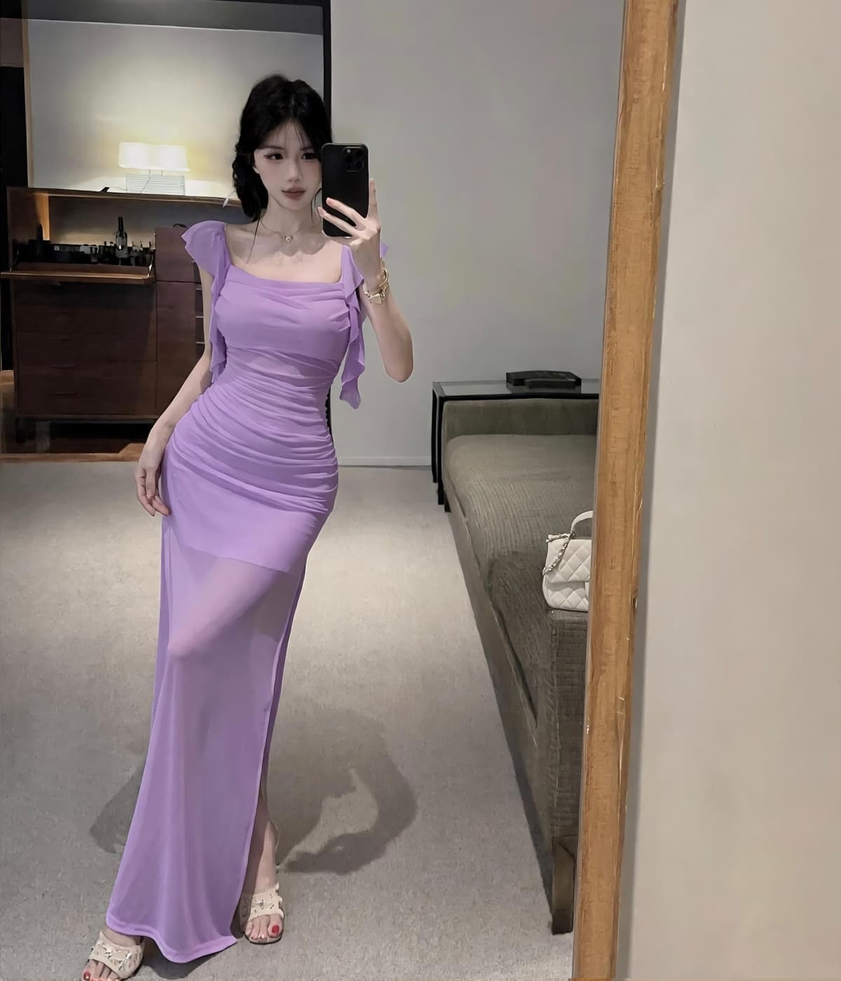 실사 프랑스식 섹시함 망사 패치워크 숄더백 롱 스커트 품격 타이트 슬림해 보이는 슬립 인어 꼬리 드레스 상세 이미지 4