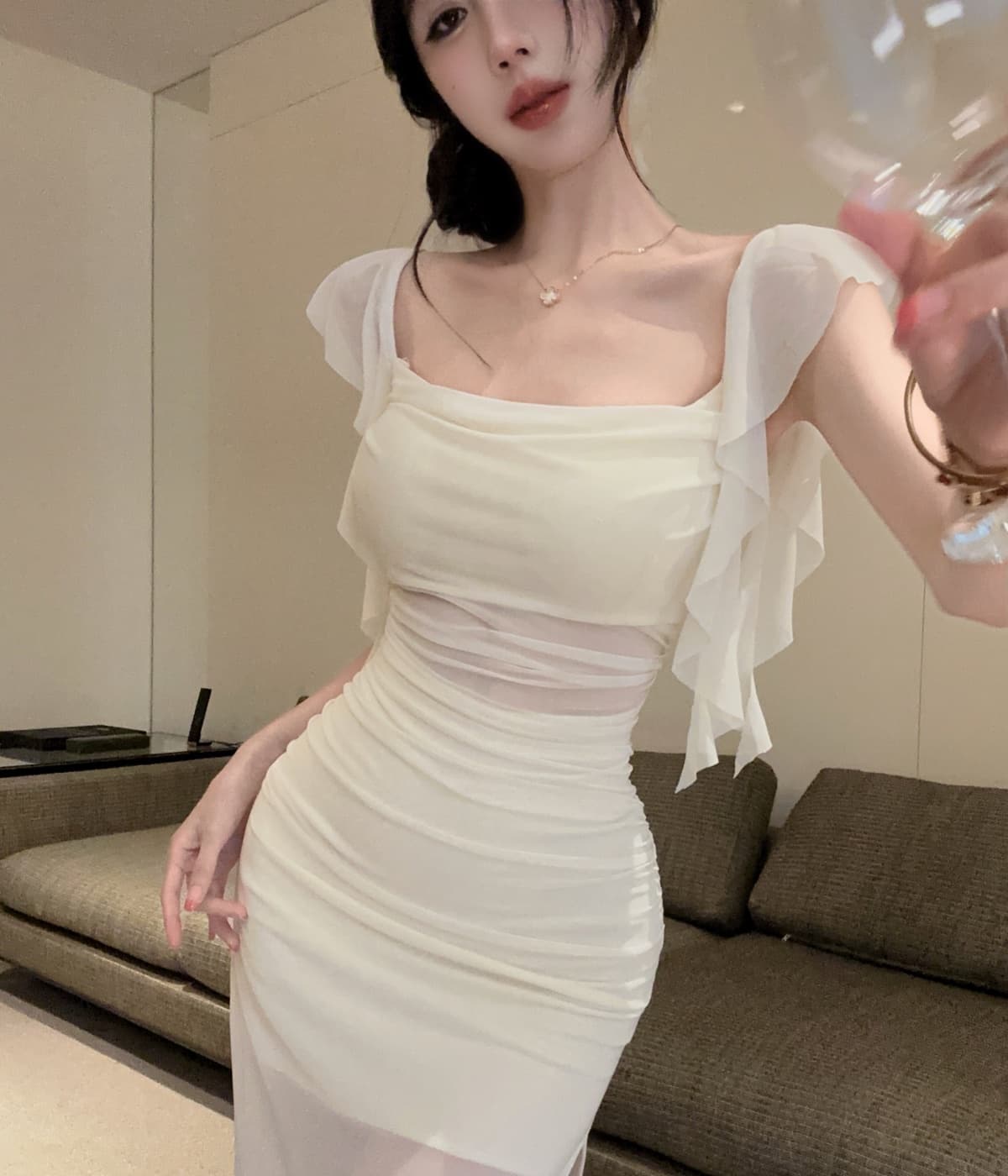 실사 프랑스식 섹시함 망사 패치워크 숄더백 롱 스커트 품격 타이트 슬림해 보이는 슬립 인어 꼬리 드레스 상세 이미지 12