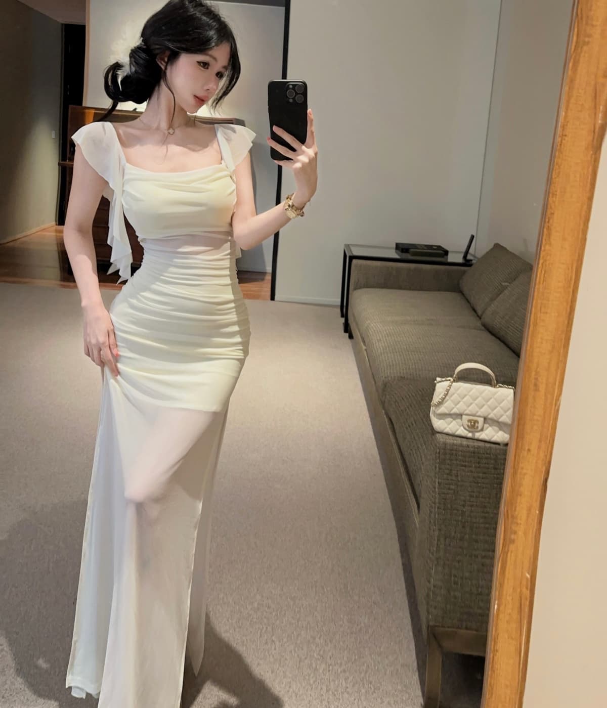 실사 프랑스식 섹시함 망사 패치워크 숄더백 롱 스커트 품격 타이트 슬림해 보이는 슬립 인어 꼬리 드레스 상세 이미지 17