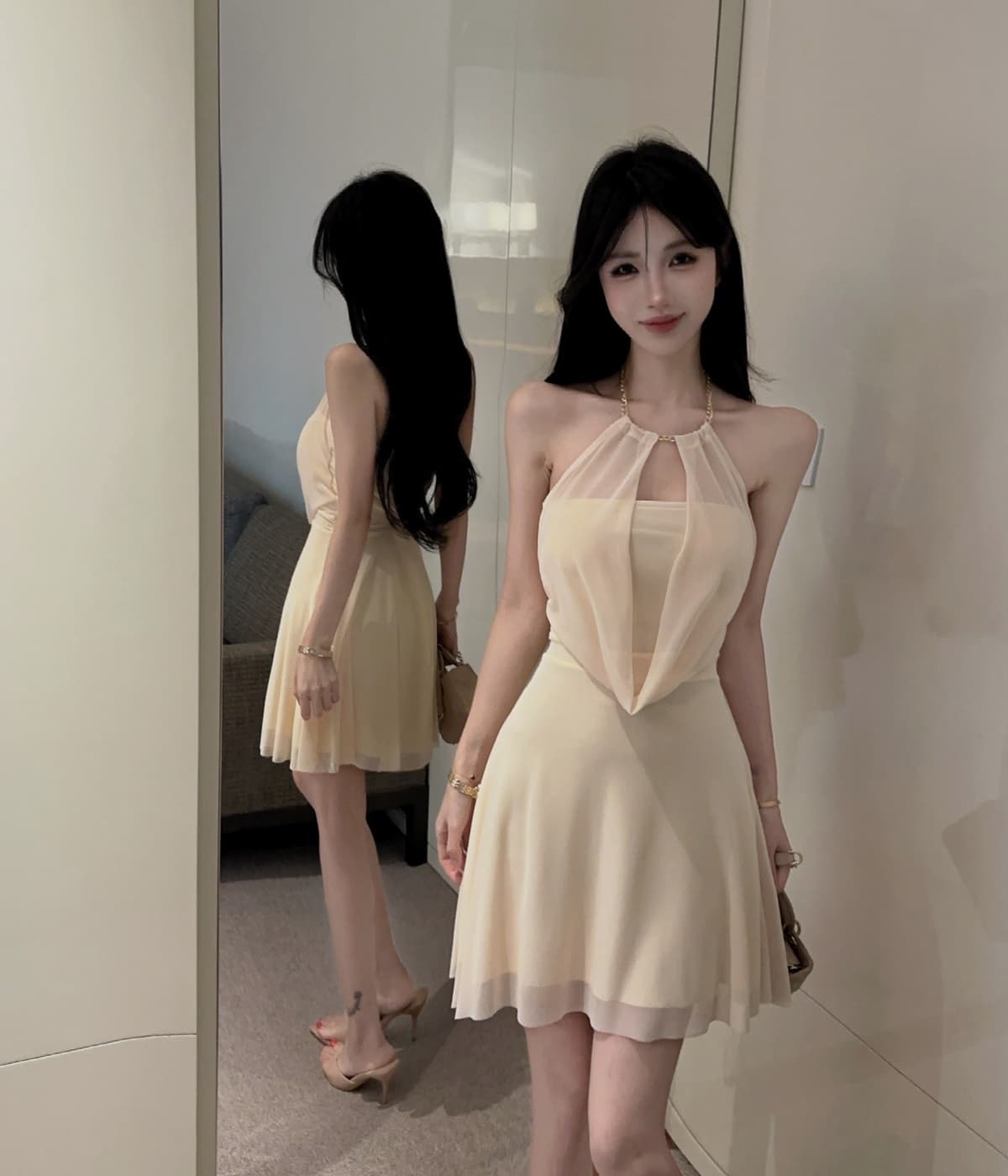 실사 프랑스식 명문 여성 허리 수축 민소매 깊은 v 흔들다 칼라 여성 드레스 여름 섹시함 행침 목 미니 스커트 상세 이미지 7