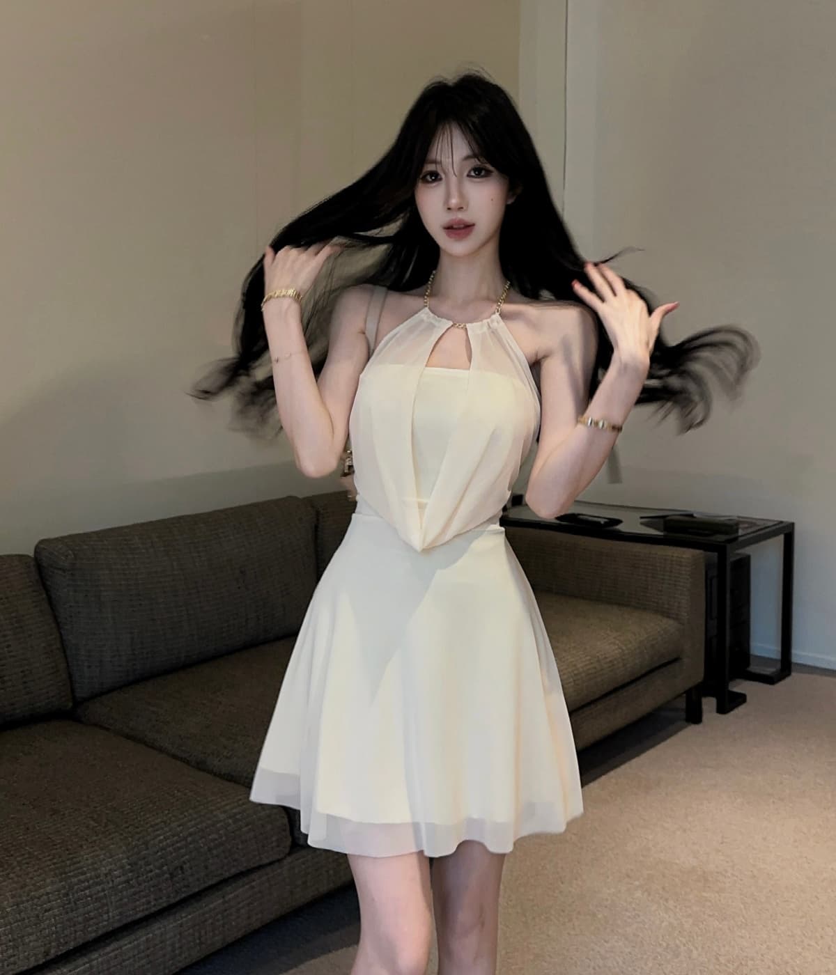 실사 프랑스식 명문 여성 허리 수축 민소매 깊은 v 흔들다 칼라 여성 드레스 여름 섹시함 행침 목 미니 스커트 상세 이미지 9