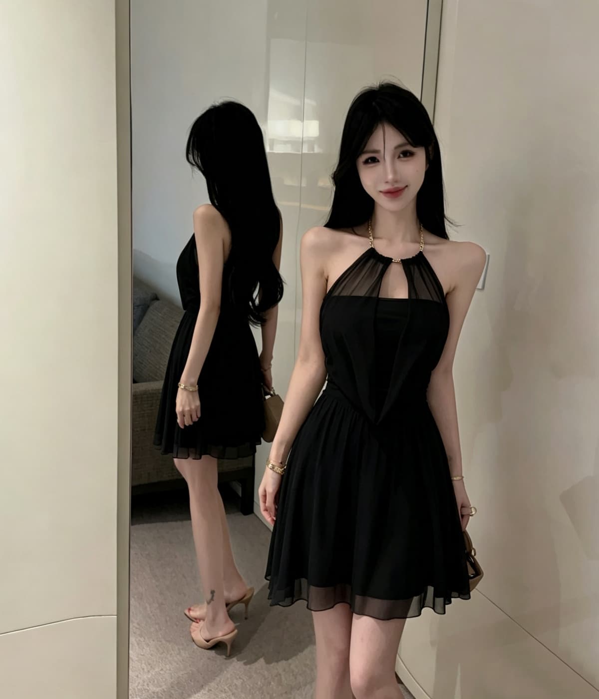 실사 프랑스식 명문 여성 허리 수축 민소매 깊은 v 흔들다 칼라 여성 드레스 여름 섹시함 행침 목 미니 스커트 상세 이미지 19