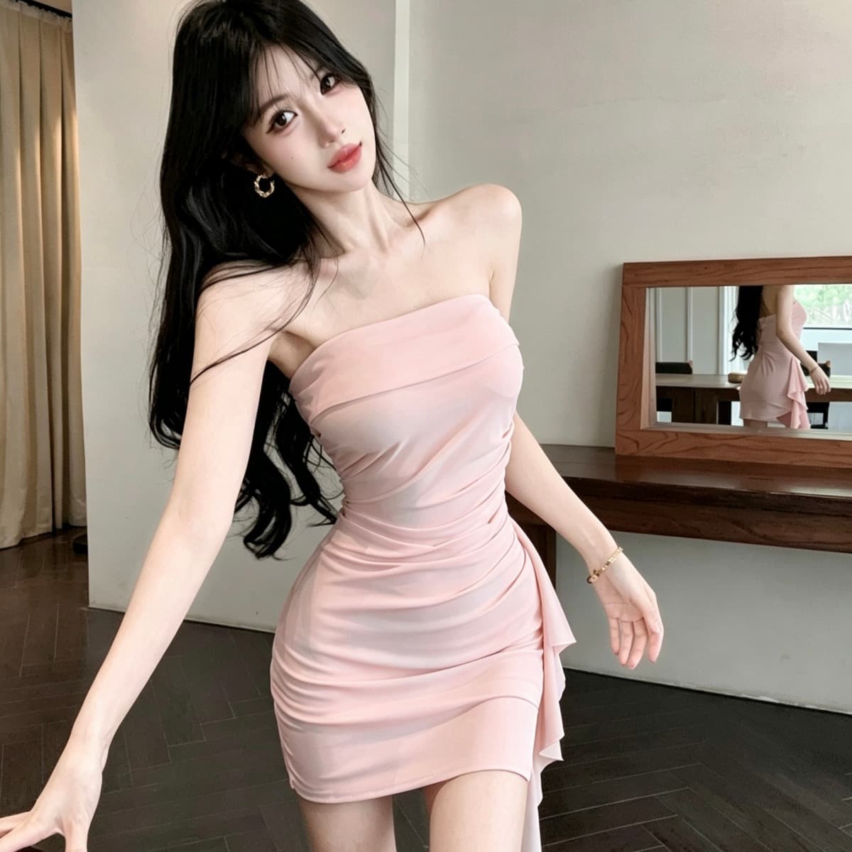실사 순수한 욕망 섹시함 쇼트 스타일 타이트 스커트 미니 스커트 프랑스식 아름다운 여름 디자인 센스 품격 튜브탑 이미지 5