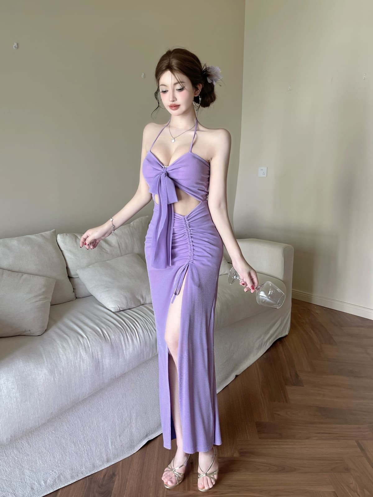 실사 행침 목 튜브탑 나비 매듭 치마 허리 배 홀로우 아웃 측면 펌프 로프 주름 높음 트임 예복 롱 스커트 상세 이미지 9