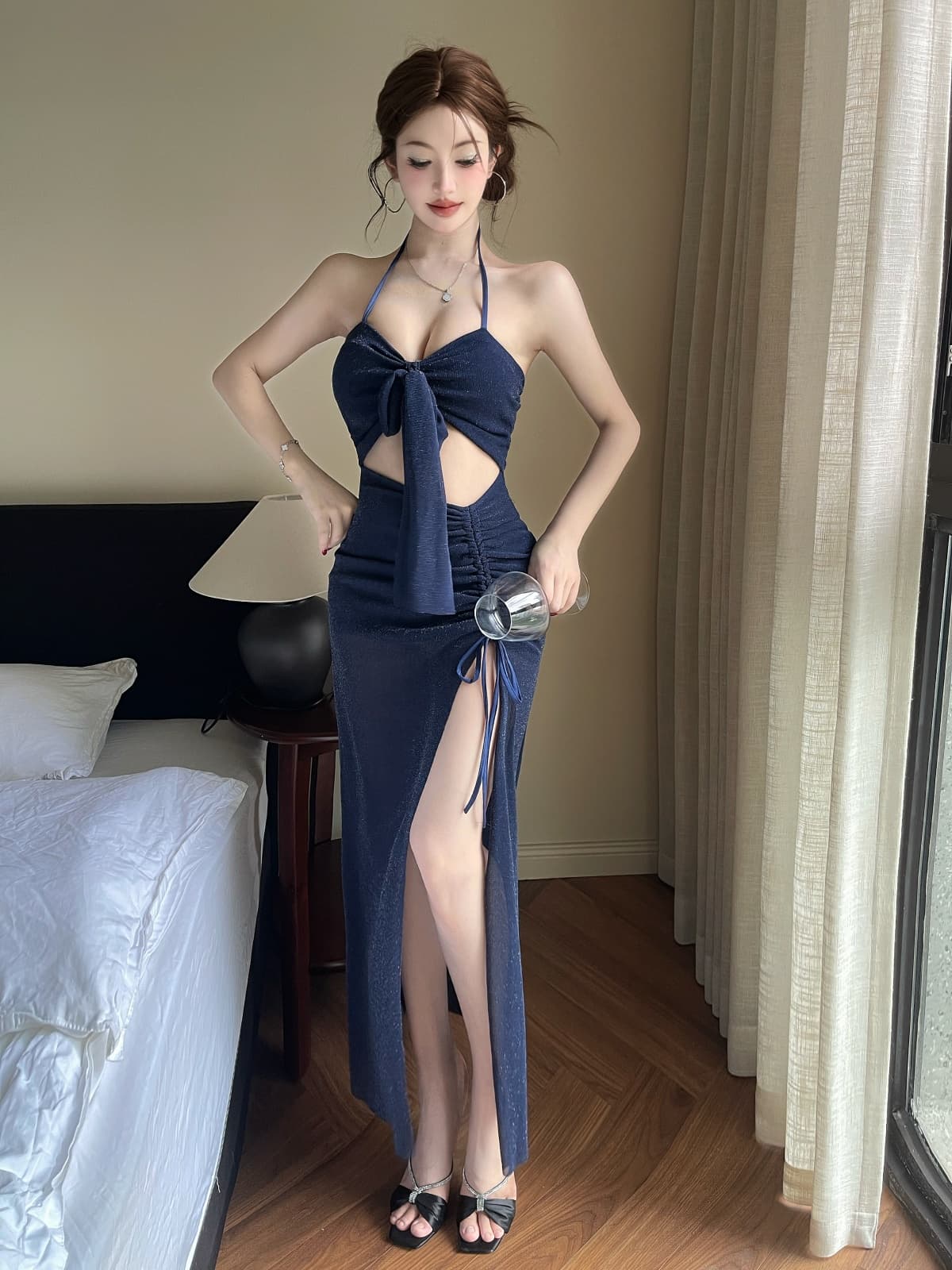 실사 행침 목 튜브탑 나비 매듭 치마 허리 배 홀로우 아웃 측면 펌프 로프 주름 높음 트임 예복 롱 스커트 상세 이미지 18