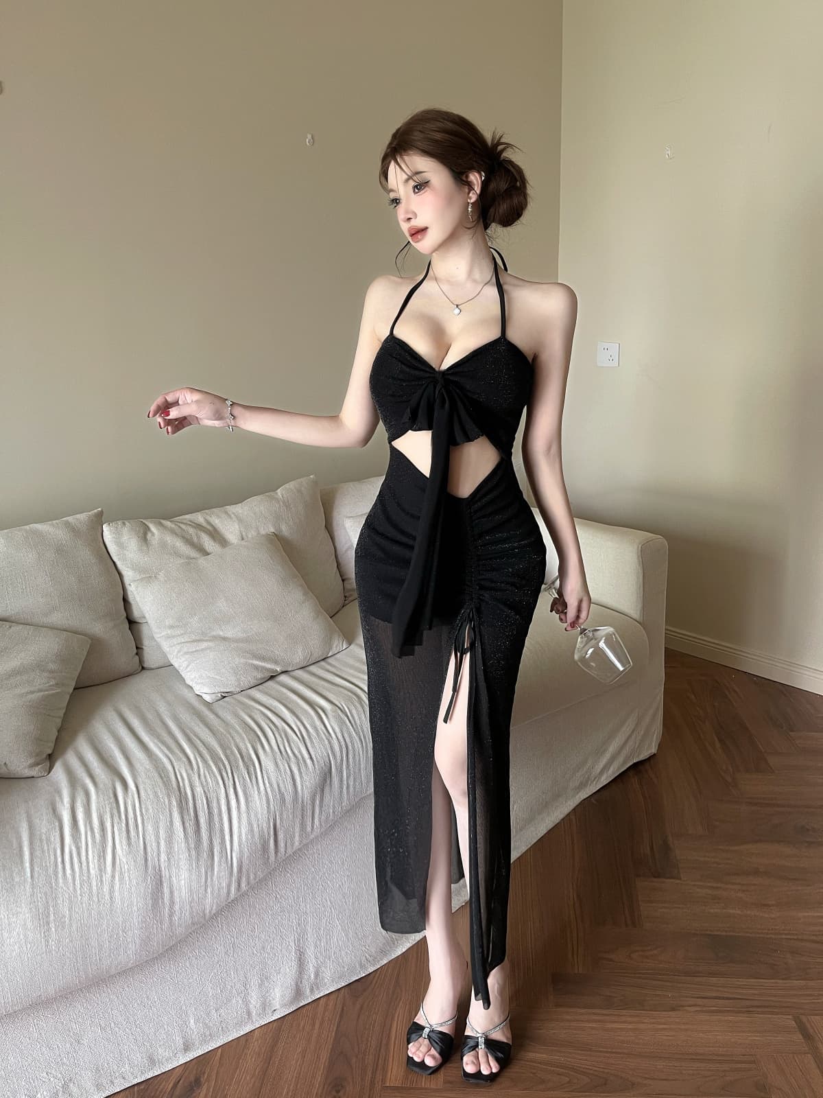 실사 행침 목 튜브탑 나비 매듭 치마 허리 배 홀로우 아웃 측면 펌프 로프 주름 높음 트임 예복 롱 스커트 상세 이미지 28