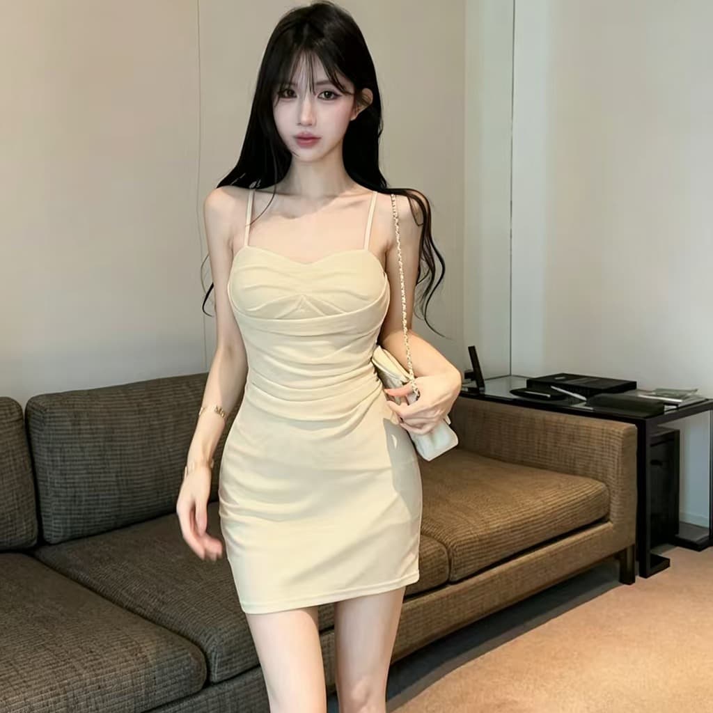 실사 프랑스식 로얄 자매 빛 요리 한 바람 섹시함 튜브탑 슬립 섹시함 타이트 허리 수축 주름 장식 타이트 스커트 미니 스커트 이미지 5