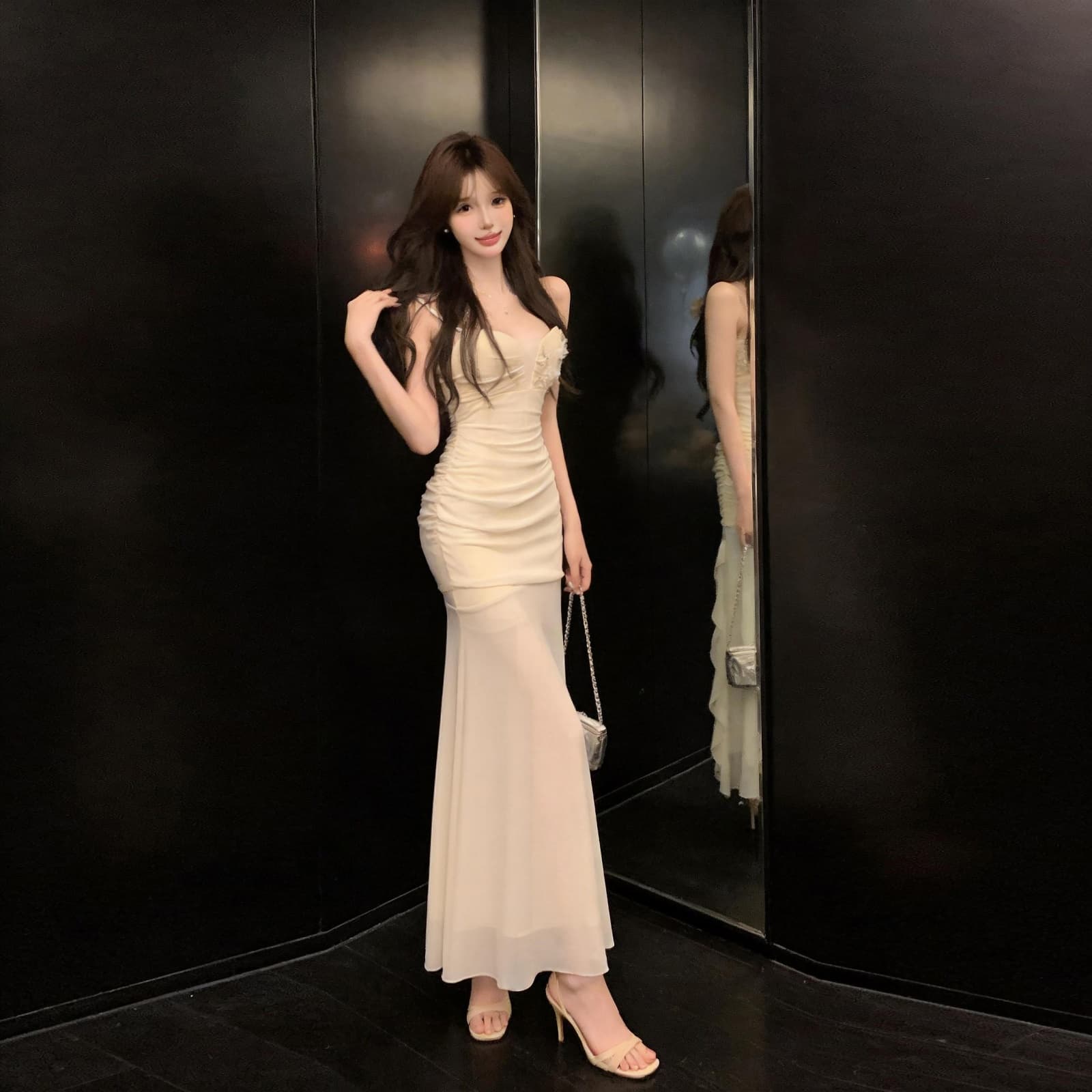 프랑스식 고급 센스 망사 롱 코트 프릴 슬립 드레스 명문 여성 섹시함 백리스 몸매 가꾸기 드레스 상세 이미지 11