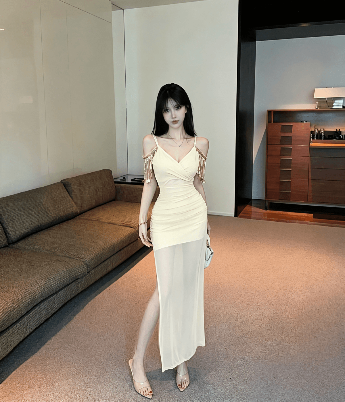 실사 롱 코트 술 패치워크 망사 트임 슬립 드레스 상세 이미지 2