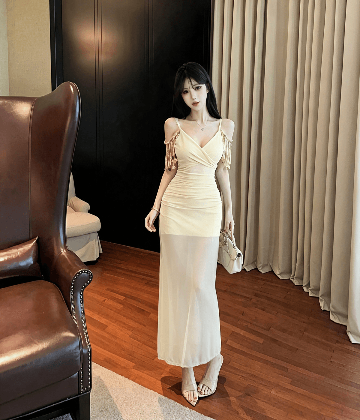 실사 롱 코트 술 패치워크 망사 트임 슬립 드레스 상세 이미지 4