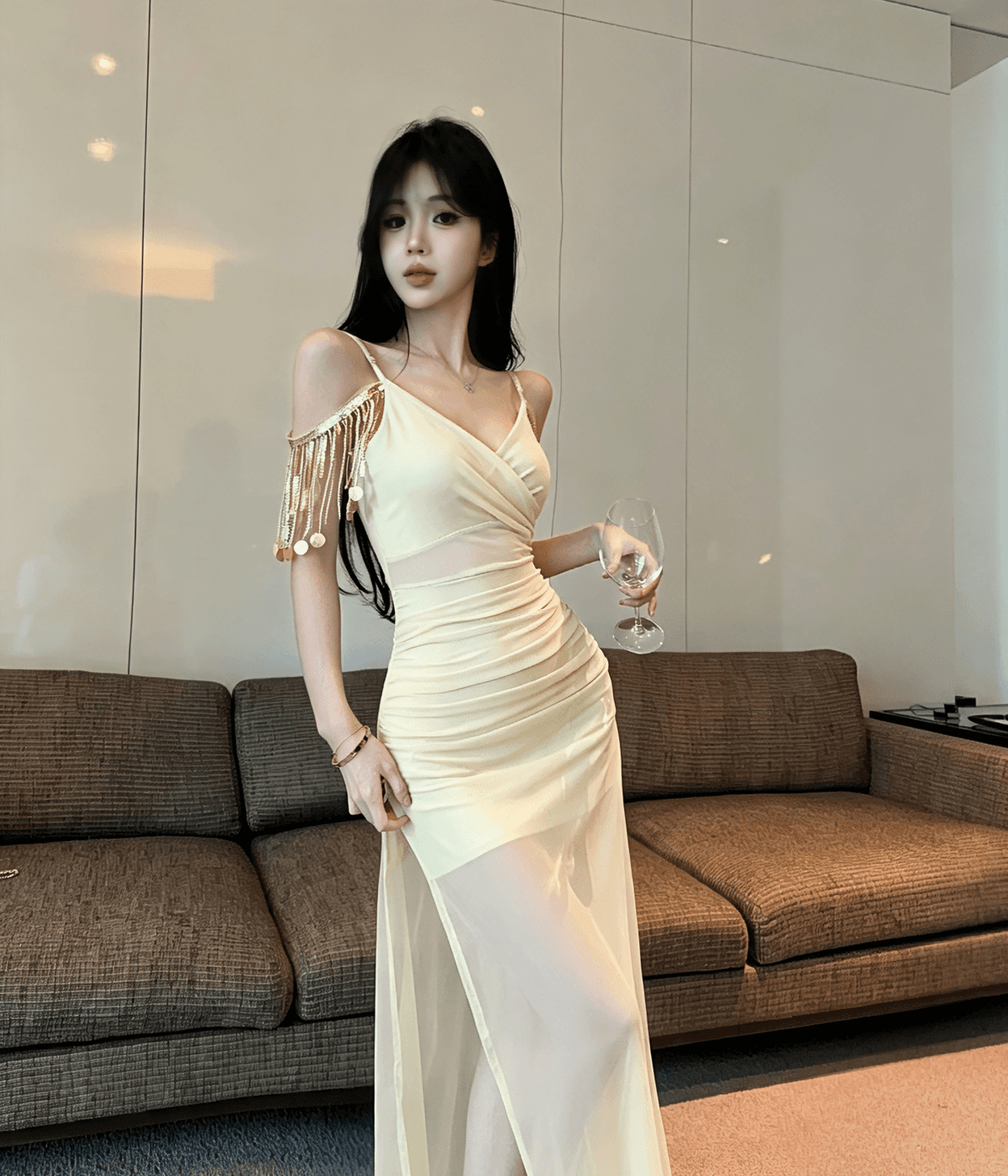 실사 롱 코트 술 패치워크 망사 트임 슬립 드레스 상세 이미지 5