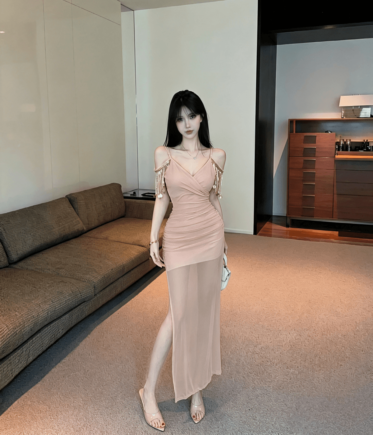 실사 롱 코트 술 패치워크 망사 트임 슬립 드레스 상세 이미지 10
