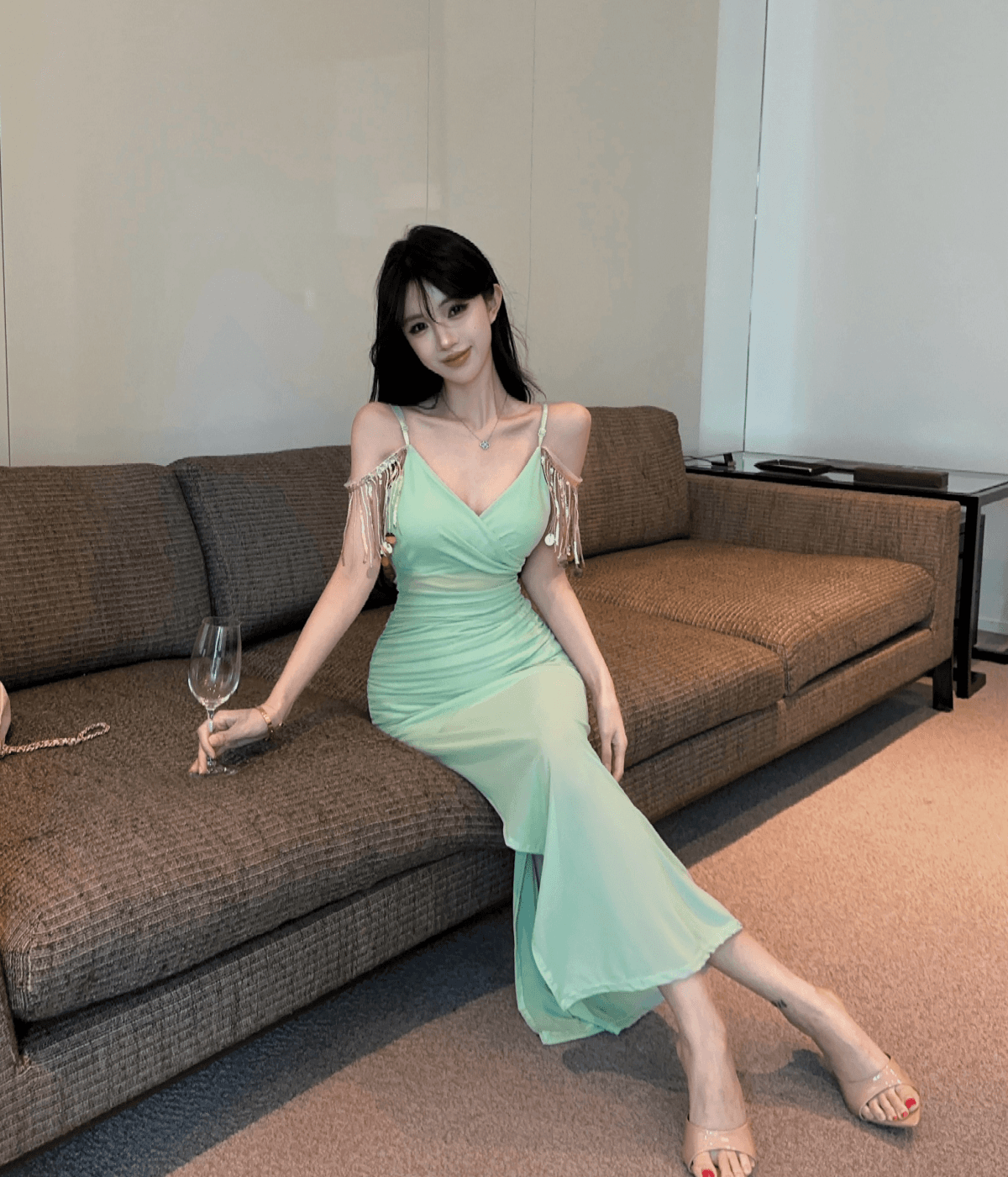 실사 롱 코트 술 패치워크 망사 트임 슬립 드레스 상세 이미지 18