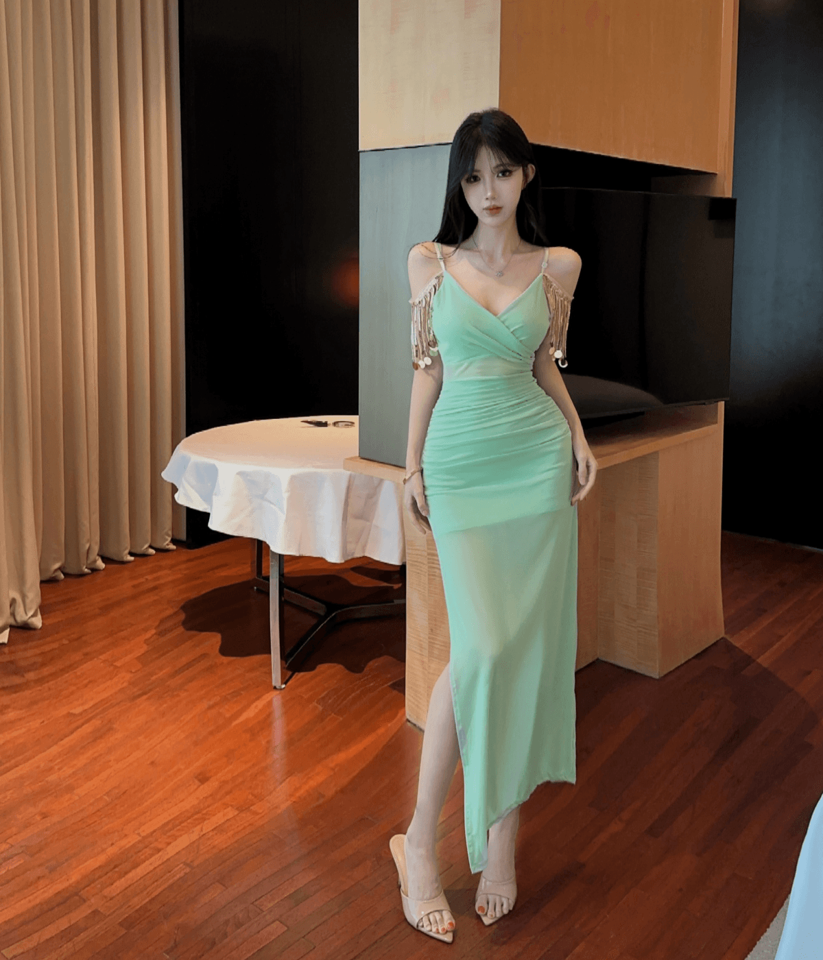 실사 롱 코트 술 패치워크 망사 트임 슬립 드레스 상세 이미지 19