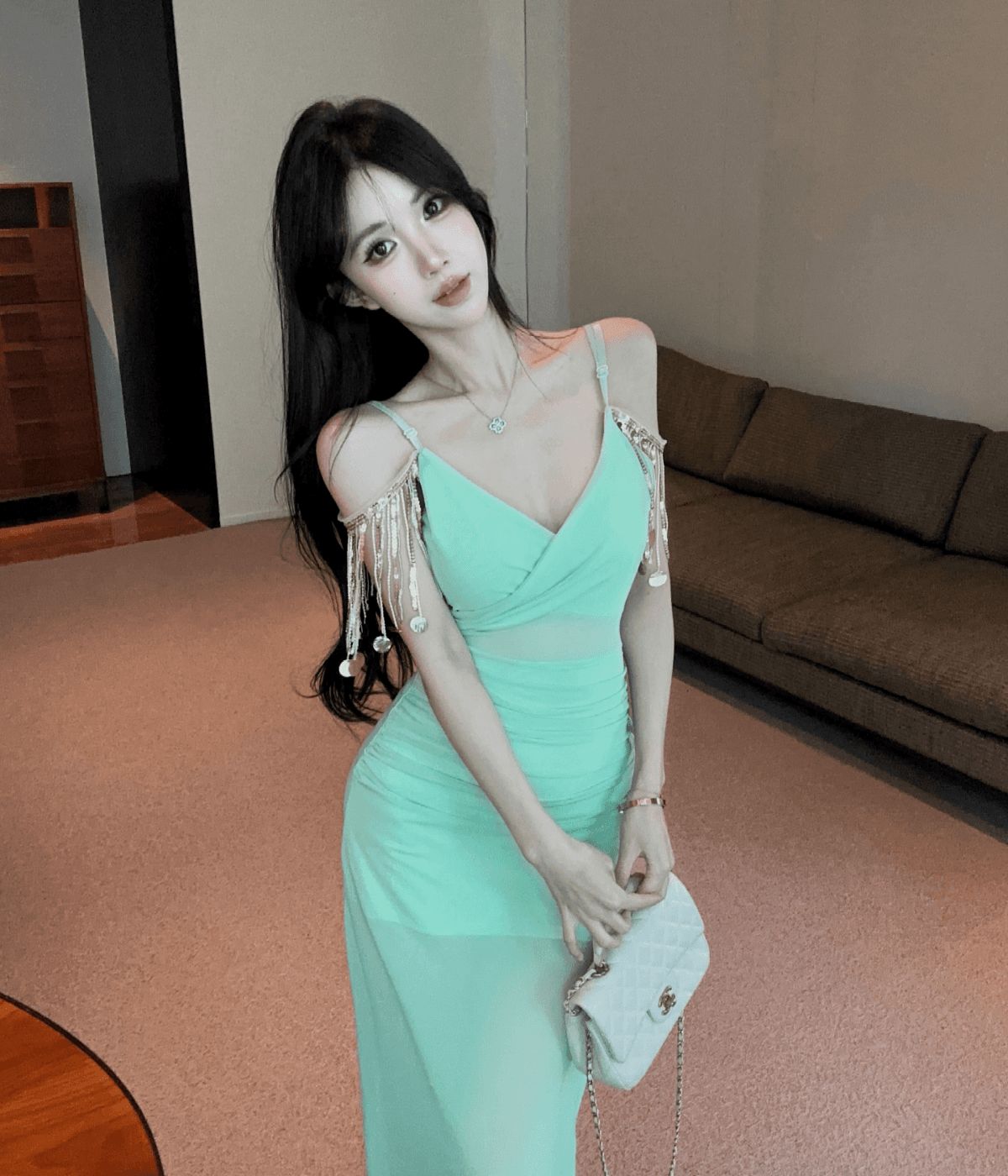 실사 롱 코트 술 패치워크 망사 트임 슬립 드레스 상세 이미지 24
