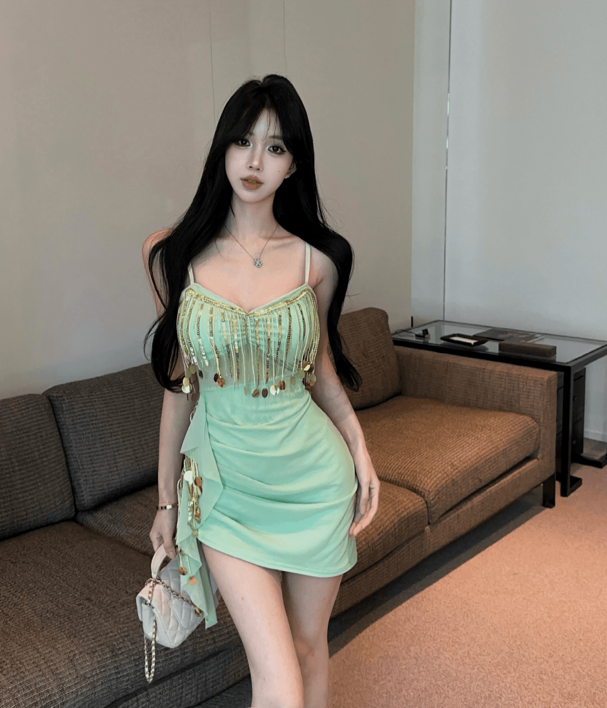 실사 고급 센스 망사 술 스팽글 민소매 V넥 슬립 드레스 패션 섹시함 불규칙 드레스 이미지 2
