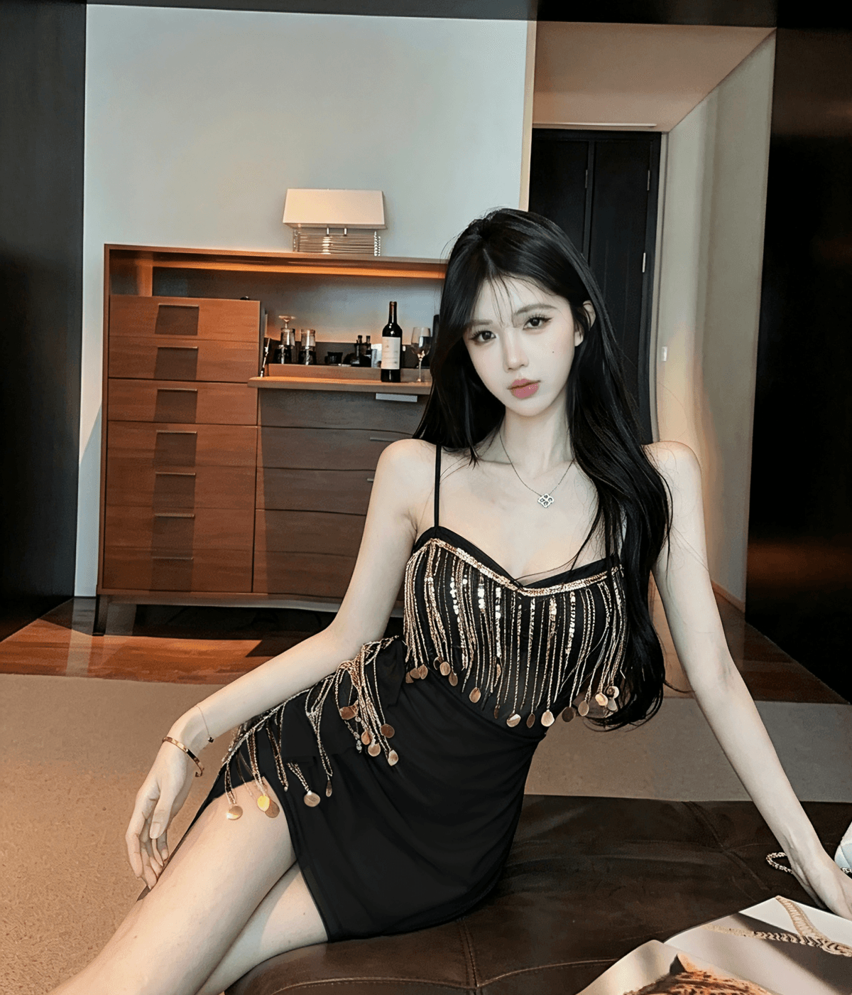 실사 고급 센스 망사 술 스팽글 민소매 V넥 슬립 드레스 패션 섹시함 불규칙 드레스 상세 이미지 9