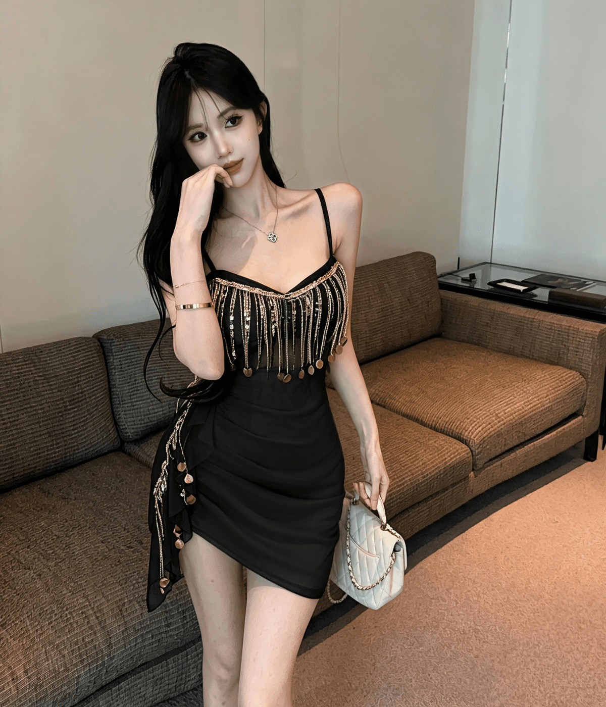 실사 고급 센스 망사 술 스팽글 민소매 V넥 슬립 드레스 패션 섹시함 불규칙 드레스 상세 이미지 10