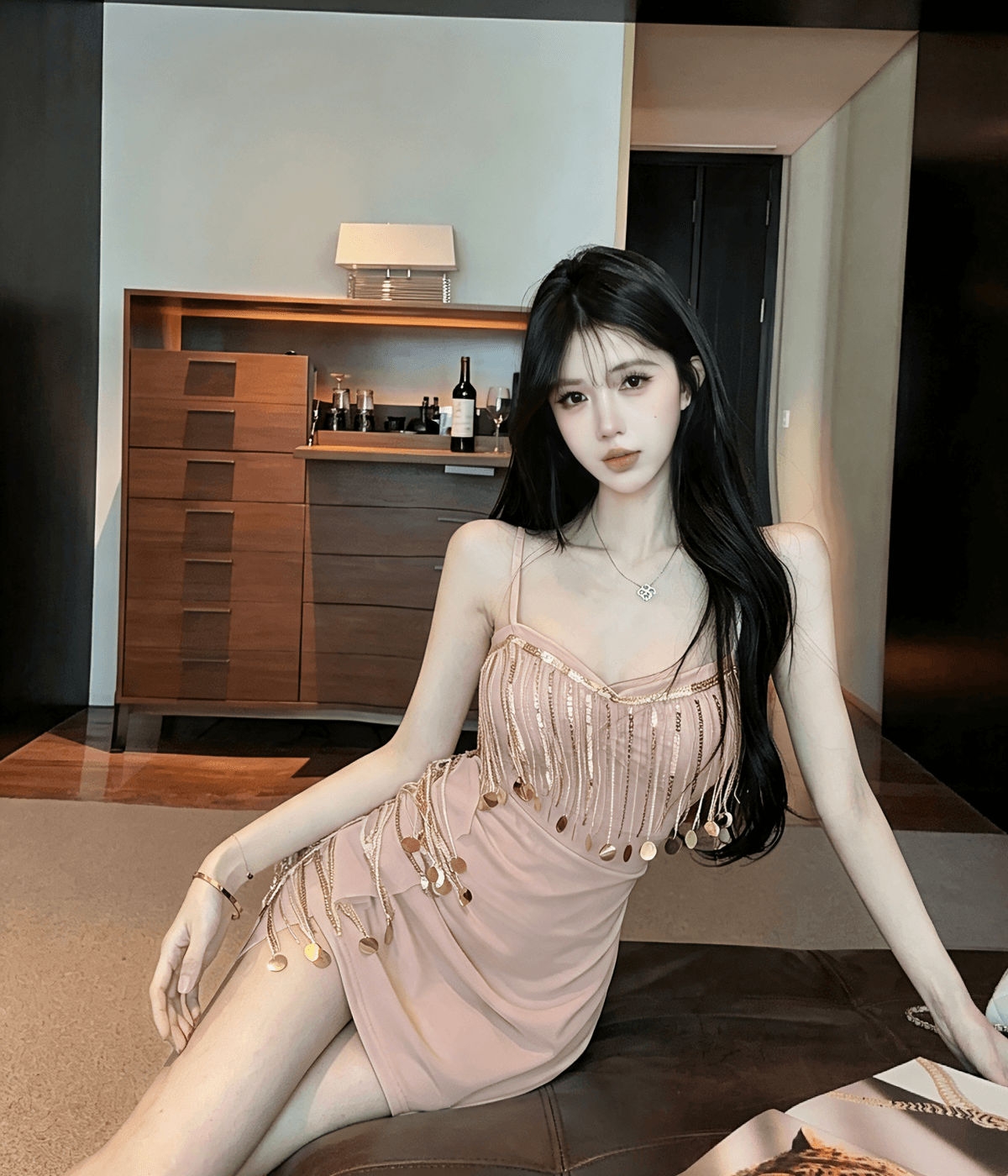 실사 고급 센스 망사 술 스팽글 민소매 V넥 슬립 드레스 패션 섹시함 불규칙 드레스 상세 이미지 14