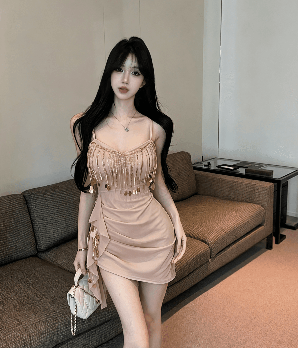 실사 고급 센스 망사 술 스팽글 민소매 V넥 슬립 드레스 패션 섹시함 불규칙 드레스 상세 이미지 15