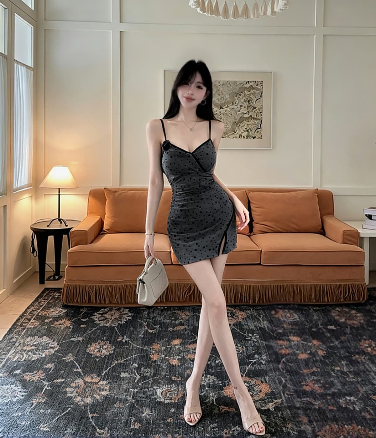 실사 순수한 욕망 핫걸 섹시함 도트 무늬 슬립 드레스 아이들 디스플레이 몸 낮은 가슴 타이트 타이트 스커트 상세 이미지 9