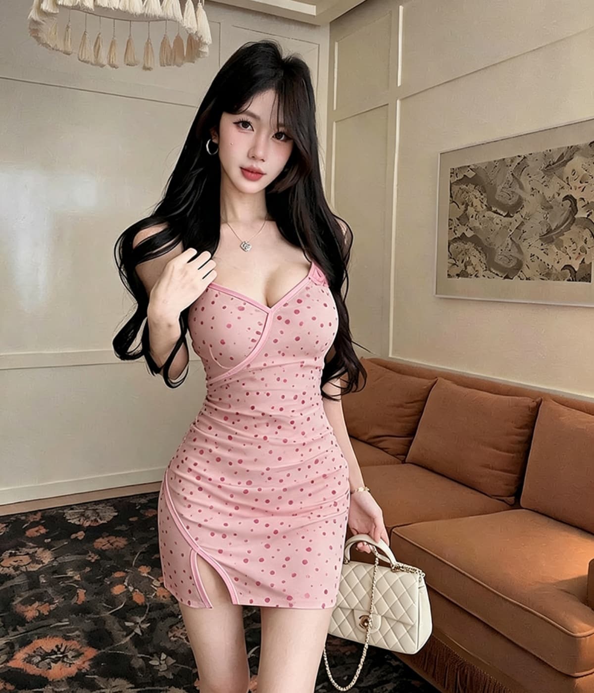 실사 순수한 욕망 핫걸 섹시함 도트 무늬 슬립 드레스 아이들 디스플레이 몸 낮은 가슴 타이트 타이트 스커트 상세 이미지 15