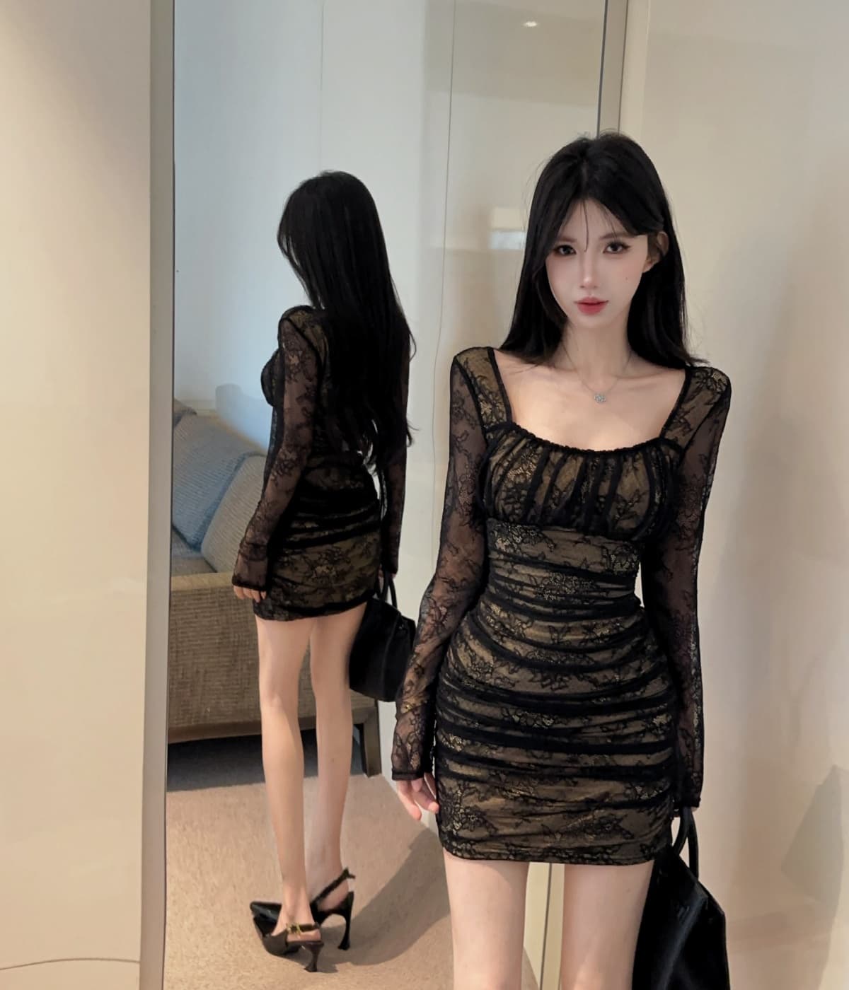 실사 몸매 가꾸기 슬림해 보이는 명문 여성 품격 레이스 광장 칼라 긴팔 타이트 스커트 드레스 상세 이미지 2