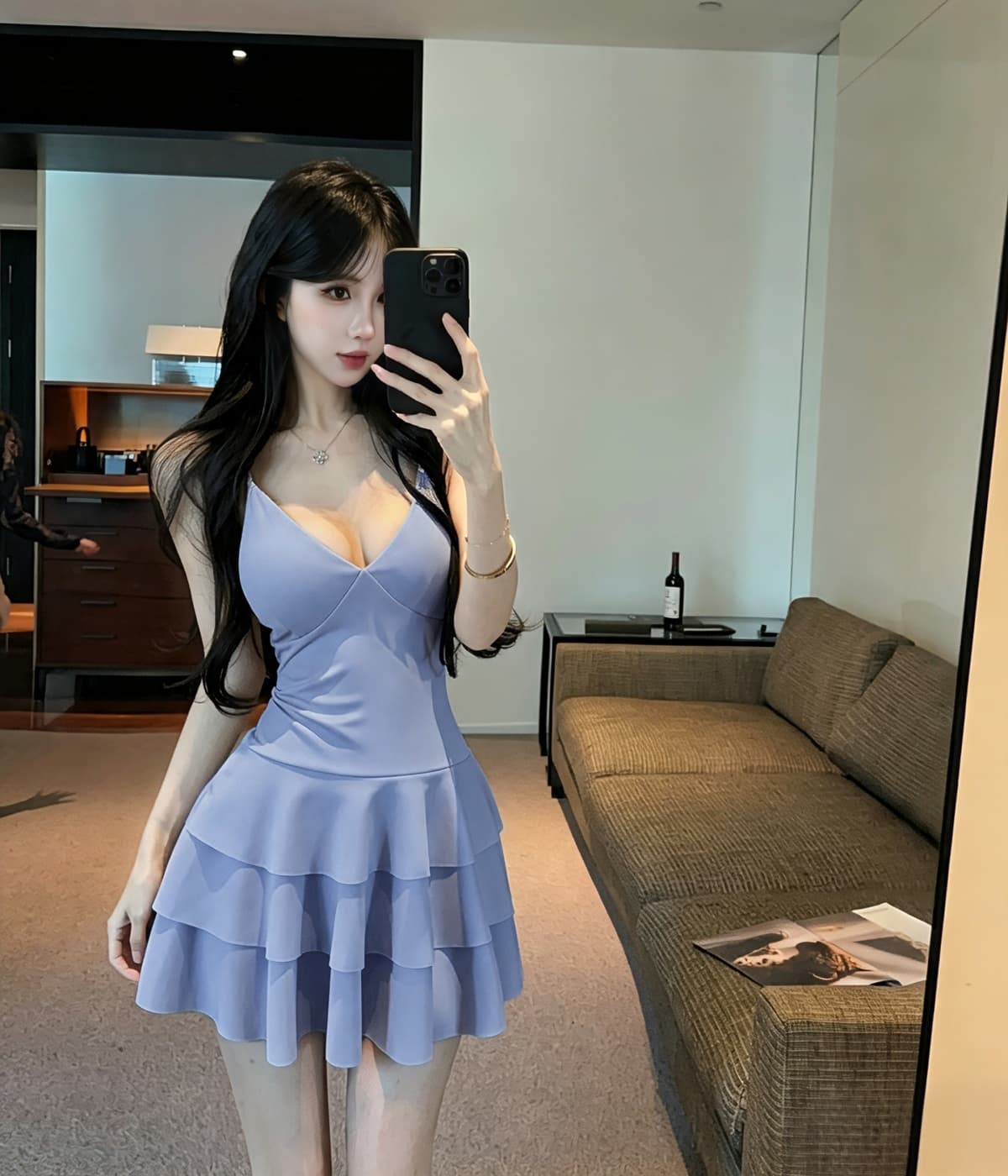 실사 품격 V넥 민소매 슬립 미니 스커트 여성 작은 키 허리 수축 디스플레이 몸 오프숄더 한 마디 치마 상세 이미지 22
