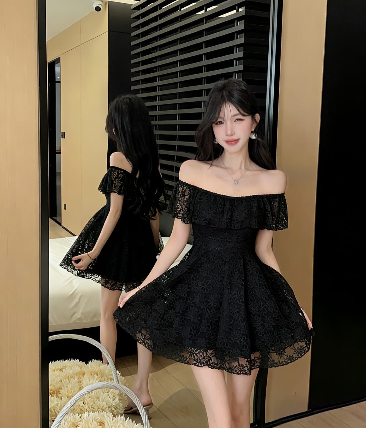 실사 부드러운 달콤함 새는 어깨 보트넥 몸매 가꾸기 슬림해 보이는 다용도 품격 단색 소녀 치마 이미지 2