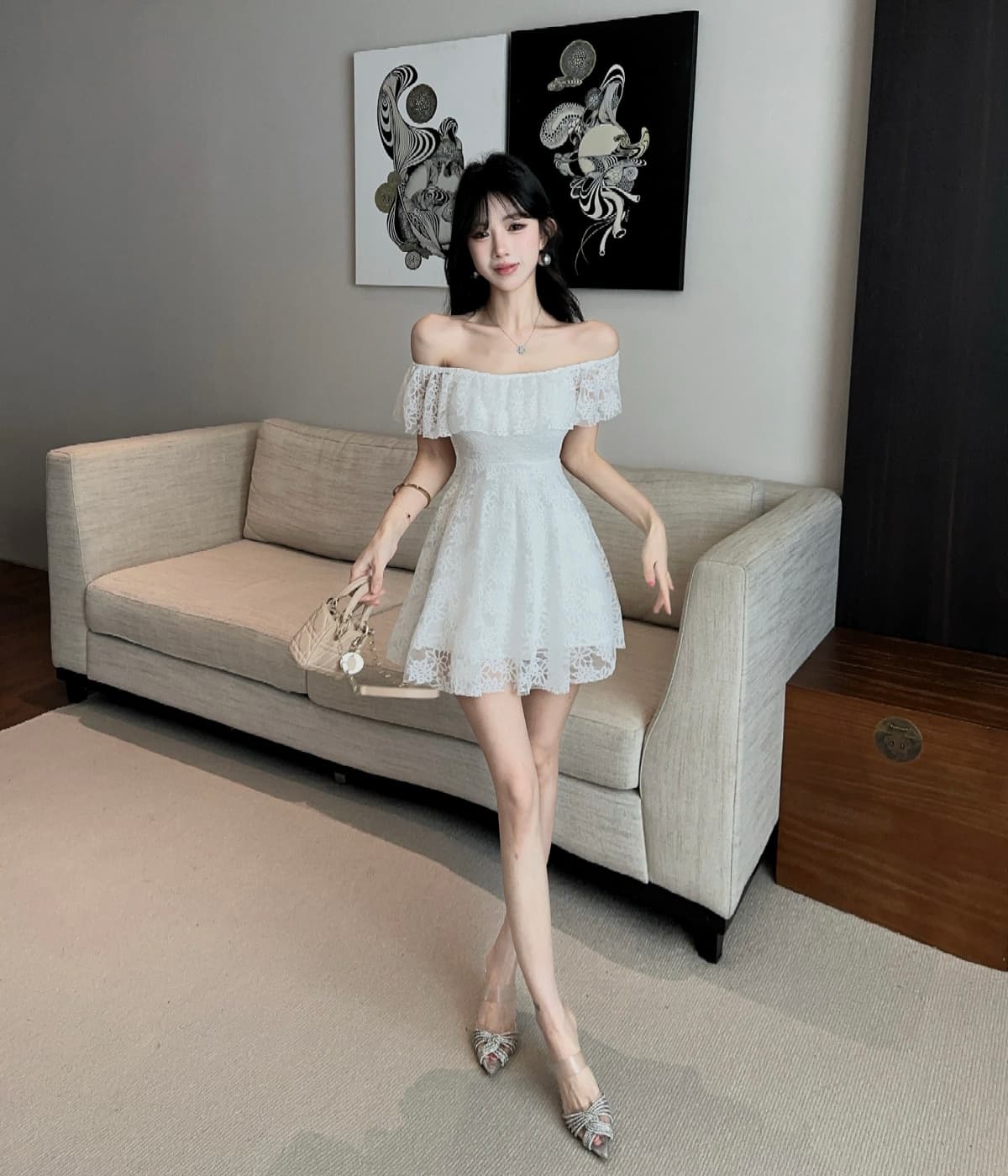 실사 부드러운 달콤함 새는 어깨 보트넥 몸매 가꾸기 슬림해 보이는 다용도 품격 단색 소녀 치마 상세 이미지 1