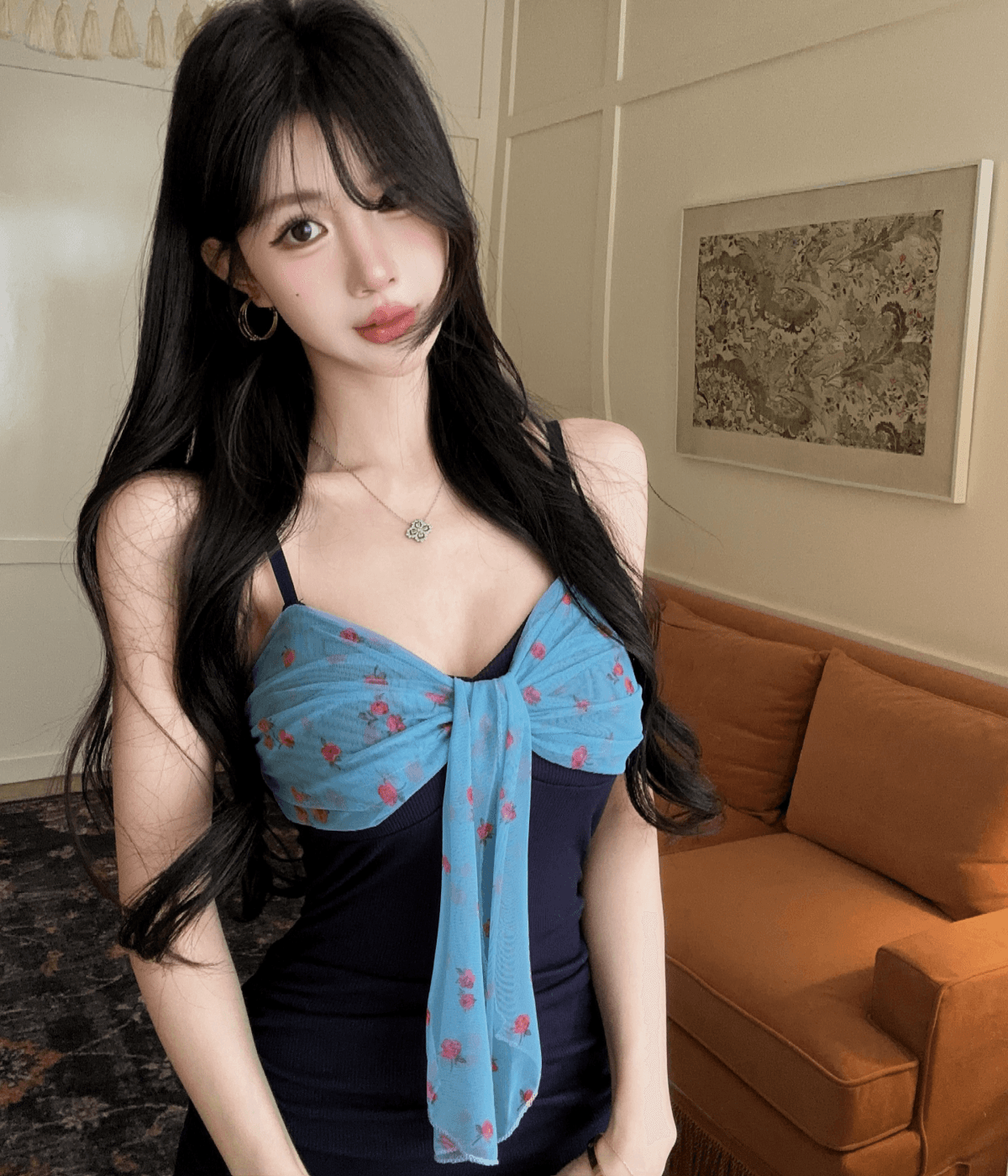 실사 프랑스식 달콤한 매운맛 바람 파란색 여성 드레스 여름 허리 수축 슬림해 보이는 미니 스커트 상세 이미지 1