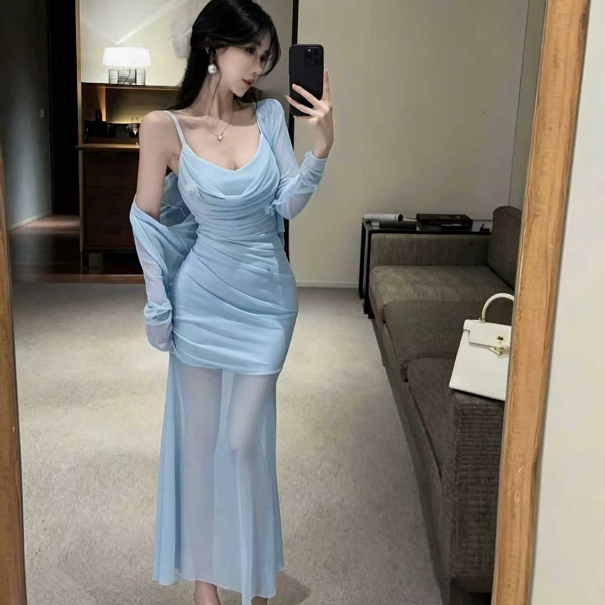흔들다 칼라 슬립 망사 롱 스커트 여성 가을 긴팔 자외선 차단 오픈 가디건 분위기 센스 몸매 가꾸기 슬림해 보이는 두 조각