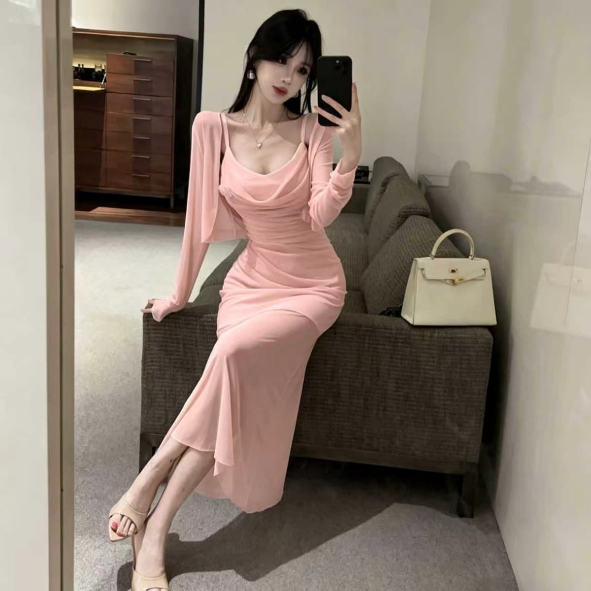 흔들다 칼라 슬립 망사 롱 스커트 여성 가을 긴팔 자외선 차단 오픈 가디건 분위기 센스 몸매 가꾸기 슬림해 보이는 두 조각 이미지 2