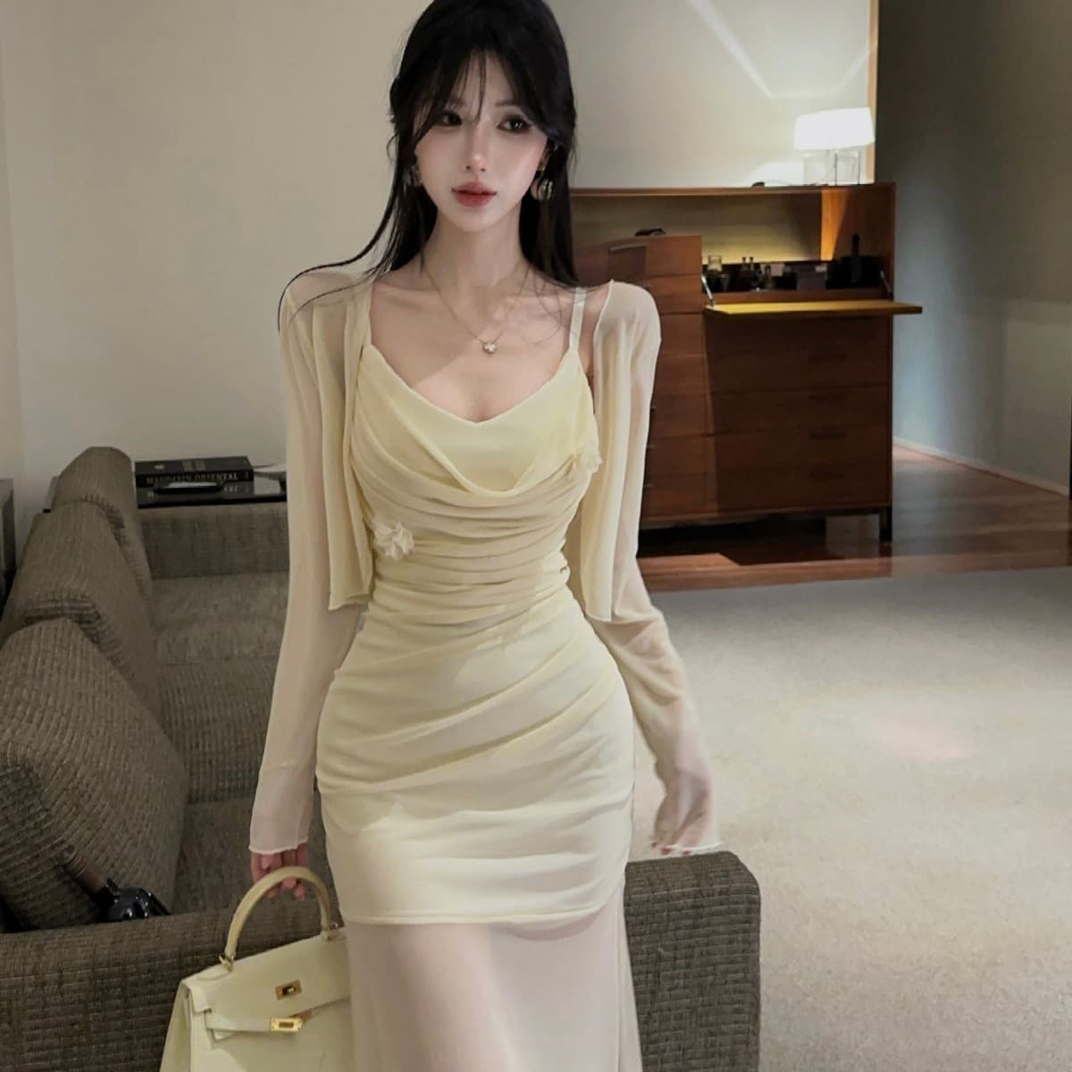 흔들다 칼라 슬립 망사 롱 스커트 여성 가을 긴팔 자외선 차단 오픈 가디건 분위기 센스 몸매 가꾸기 슬림해 보이는 두 조각 이미지 3