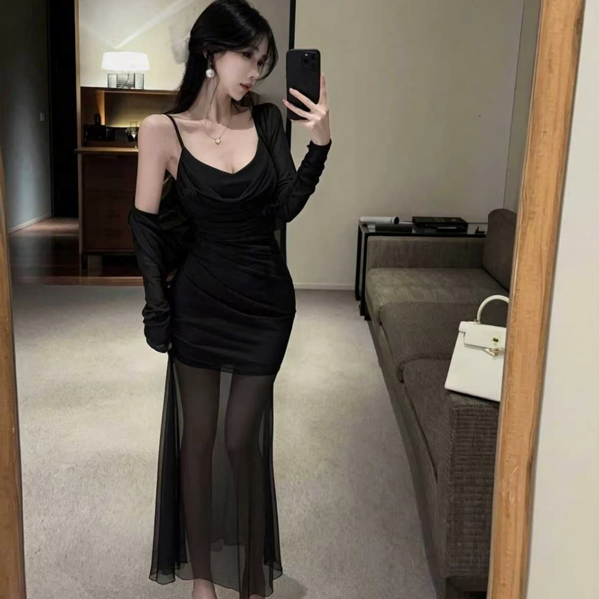 흔들다 칼라 슬립 망사 롱 스커트 여성 가을 긴팔 자외선 차단 오픈 가디건 분위기 센스 몸매 가꾸기 슬림해 보이는 두 조각 이미지 4