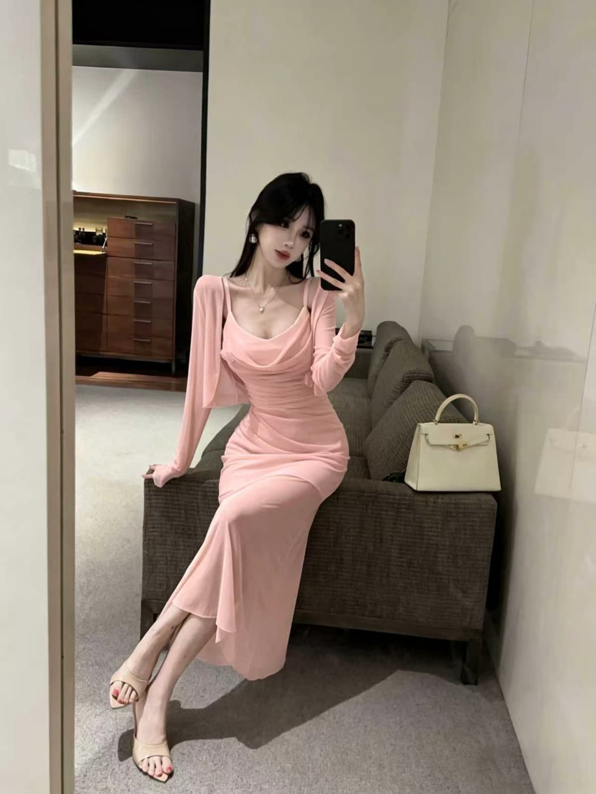 흔들다 칼라 슬립 망사 롱 스커트 여성 가을 긴팔 자외선 차단 오픈 가디건 분위기 센스 몸매 가꾸기 슬림해 보이는 두 조각 상세 이미지 6