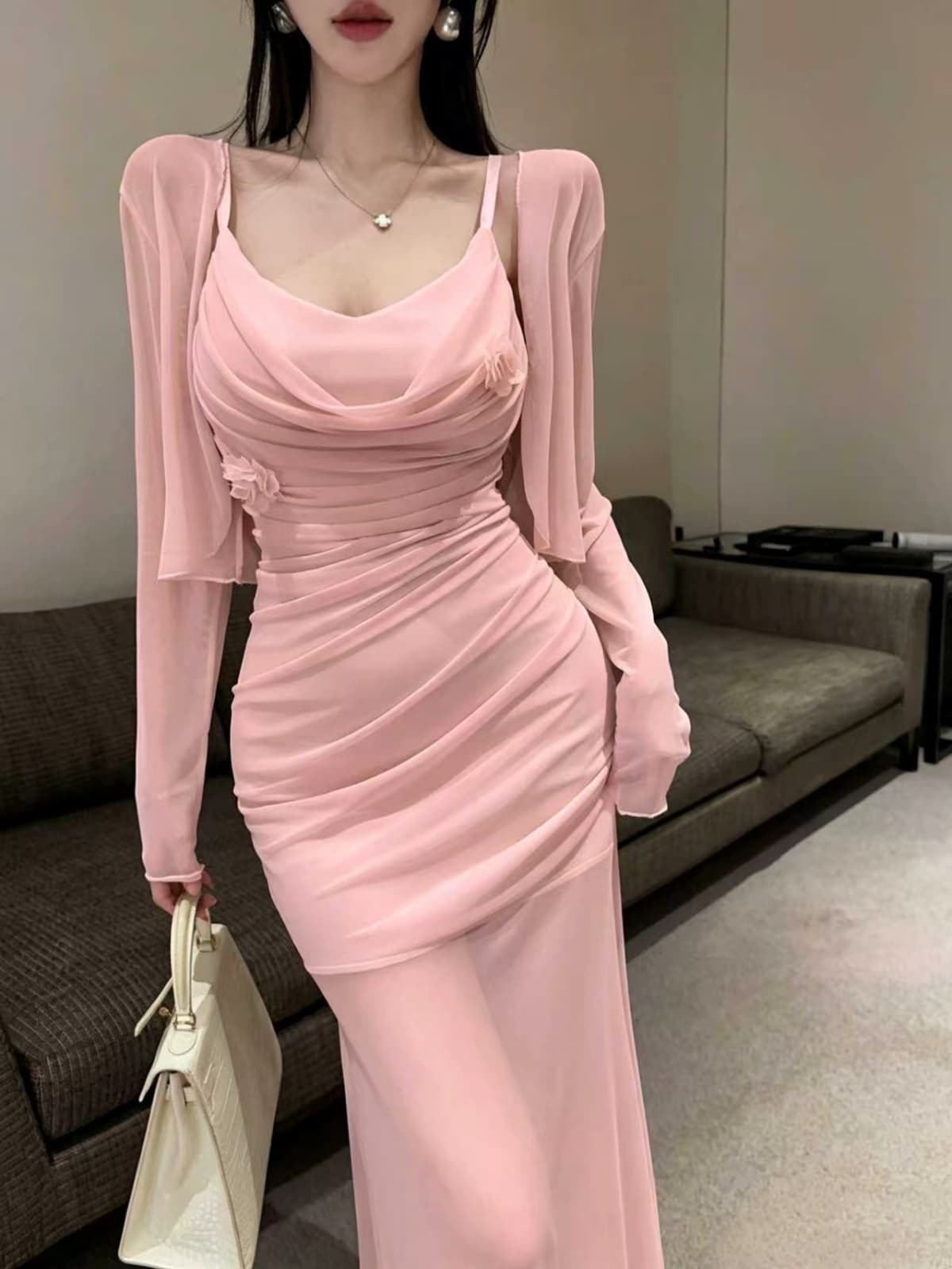 흔들다 칼라 슬립 망사 롱 스커트 여성 가을 긴팔 자외선 차단 오픈 가디건 분위기 센스 몸매 가꾸기 슬림해 보이는 두 조각 상세 이미지 13