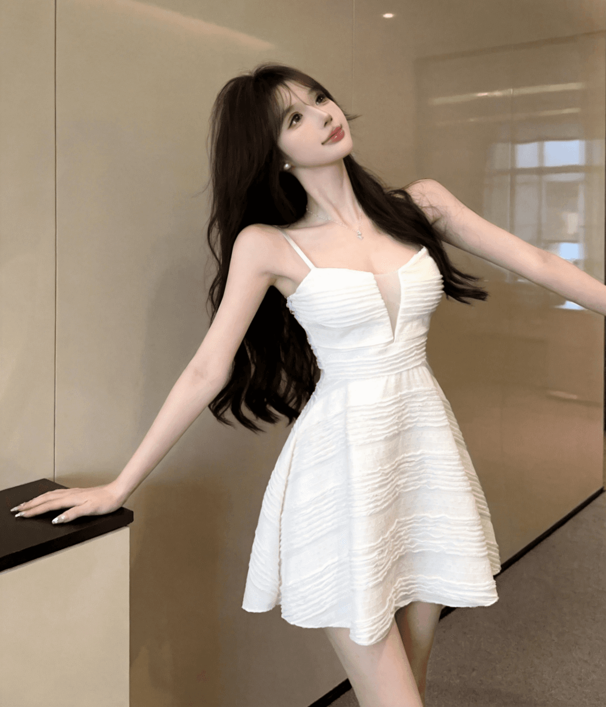 실사 섹시함 낮은 가슴 V넥 점프 슈트 미니 스커트 여름 달콤함 레이스 슬립 여성 드레스 패션 허리 수축 상세 이미지 4