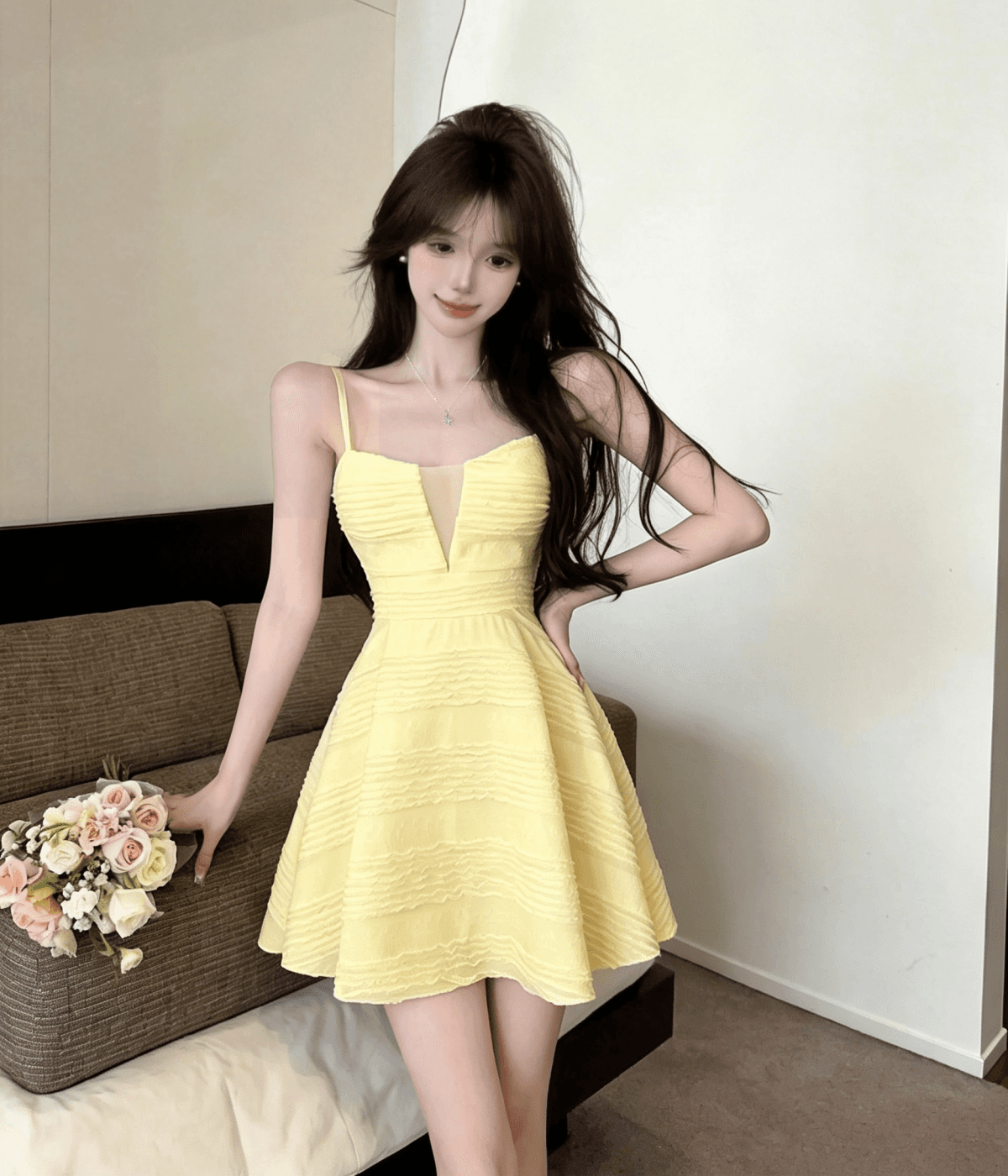 실사 섹시함 낮은 가슴 V넥 점프 슈트 미니 스커트 여름 달콤함 레이스 슬립 여성 드레스 패션 허리 수축 상세 이미지 13