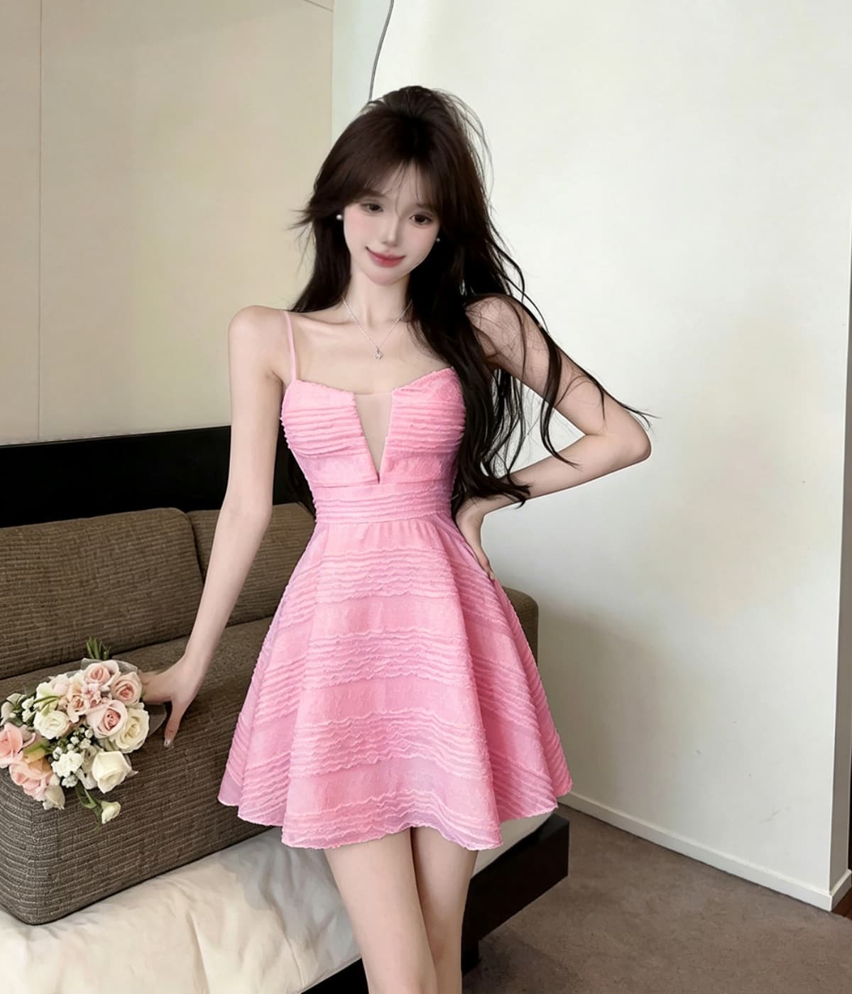 실사 섹시함 낮은 가슴 V넥 점프 슈트 미니 스커트 여름 달콤함 레이스 슬립 여성 드레스 패션 허리 수축 상세 이미지 23
