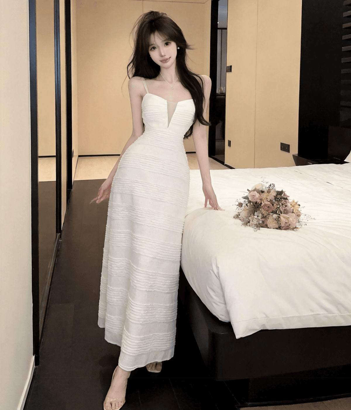 실사 순수한 욕망 섹시함 슬립 깊은 v 드레스 나이트 클럽 작업복 허리 수축 낮은 가슴 롱 스커트 상세 이미지 1