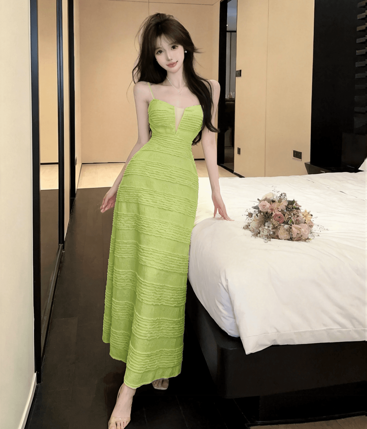 실사 순수한 욕망 섹시함 슬립 깊은 v 드레스 나이트 클럽 작업복 허리 수축 낮은 가슴 롱 스커트 상세 이미지 16