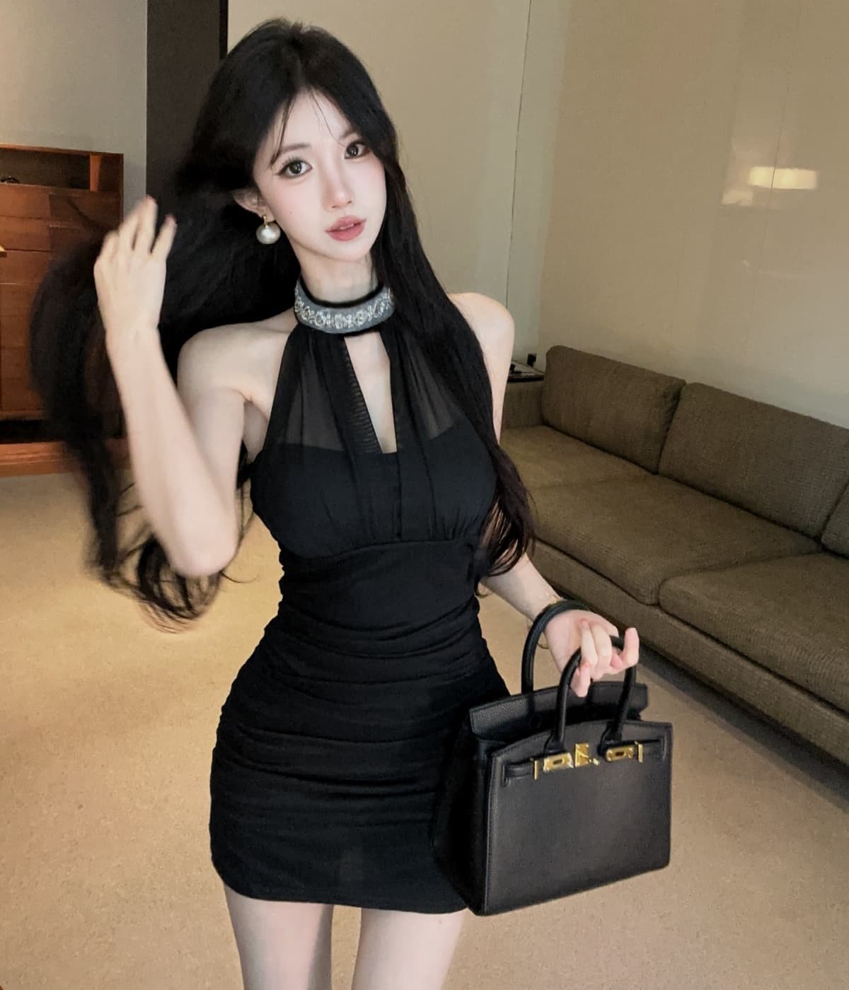 실사 순수한 욕망 주름 비즈 박기 행침 목 드레스 민소매 타이트 스커트 치마 품격 허리 수축 슬림해 보이는 미니 스커트 상세 이미지 19
