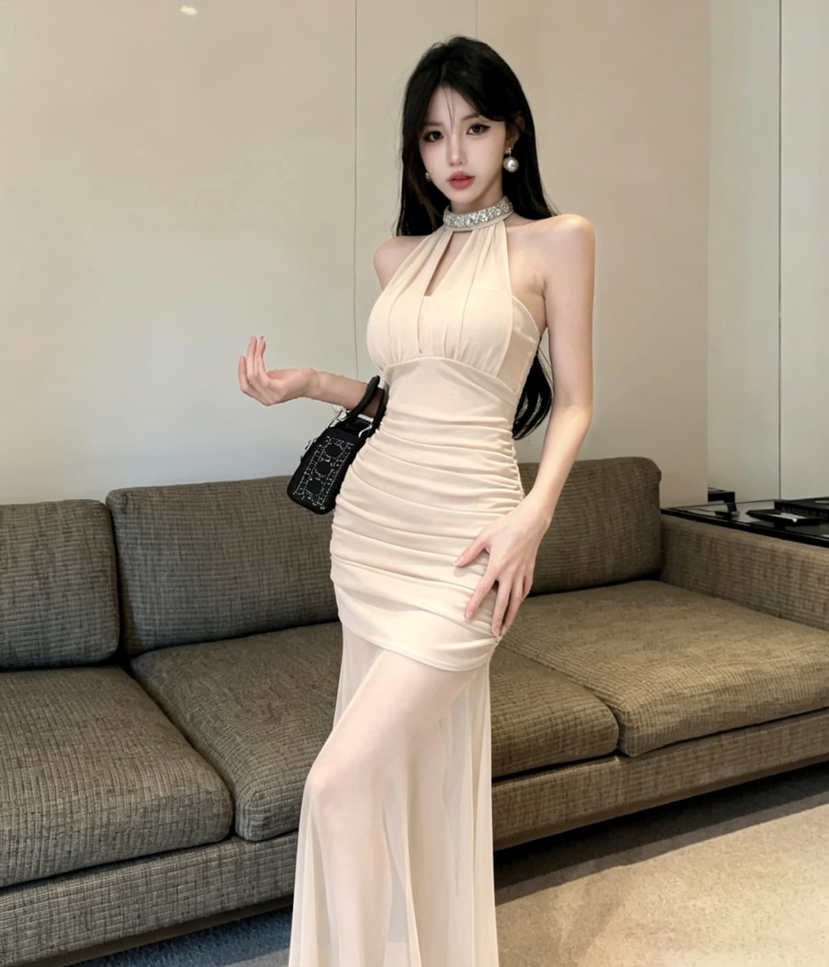 실사 프랑스식 고급 센스 행침 목 망사 드레스 새로운 품격 허리 수축 슬림해 보이는 휴가 길다 치마 이미지 4